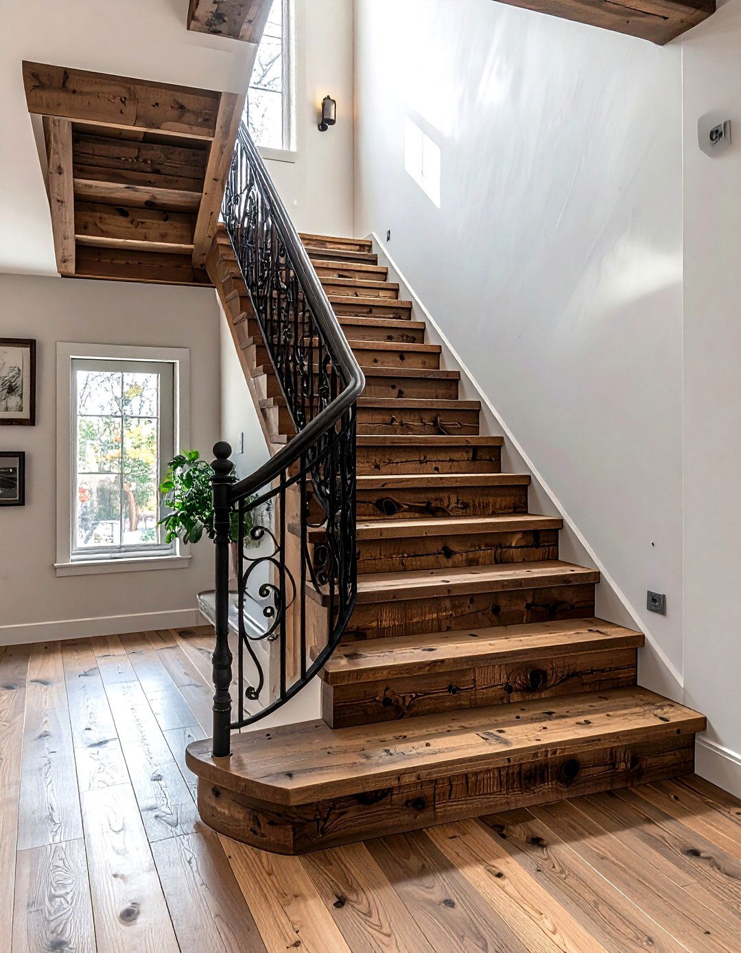 Rustic staircase with wrought iron railing - 30 rustic home decor ideas