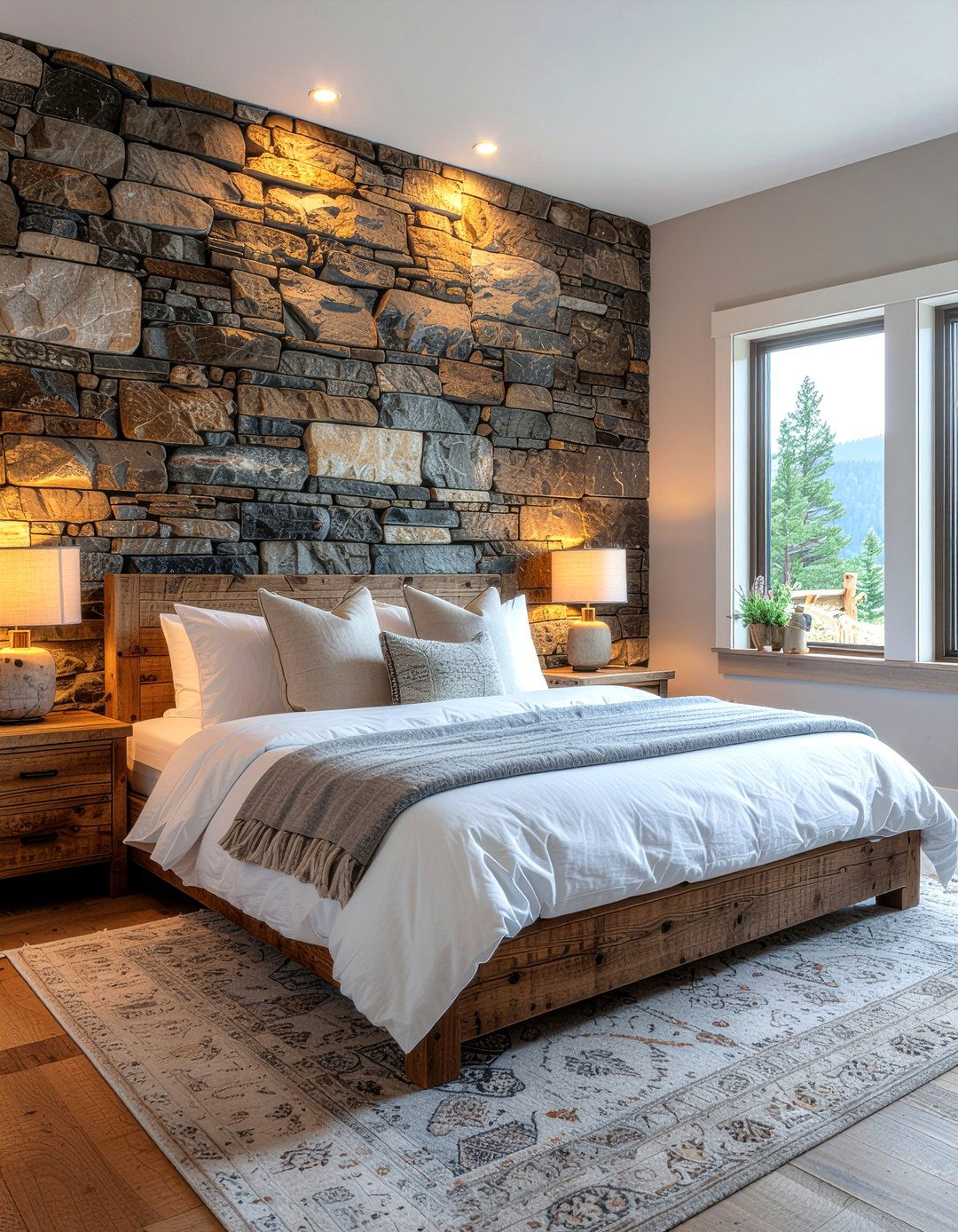 Rustic stone accent wall - 30 bedroom stone wall ideas