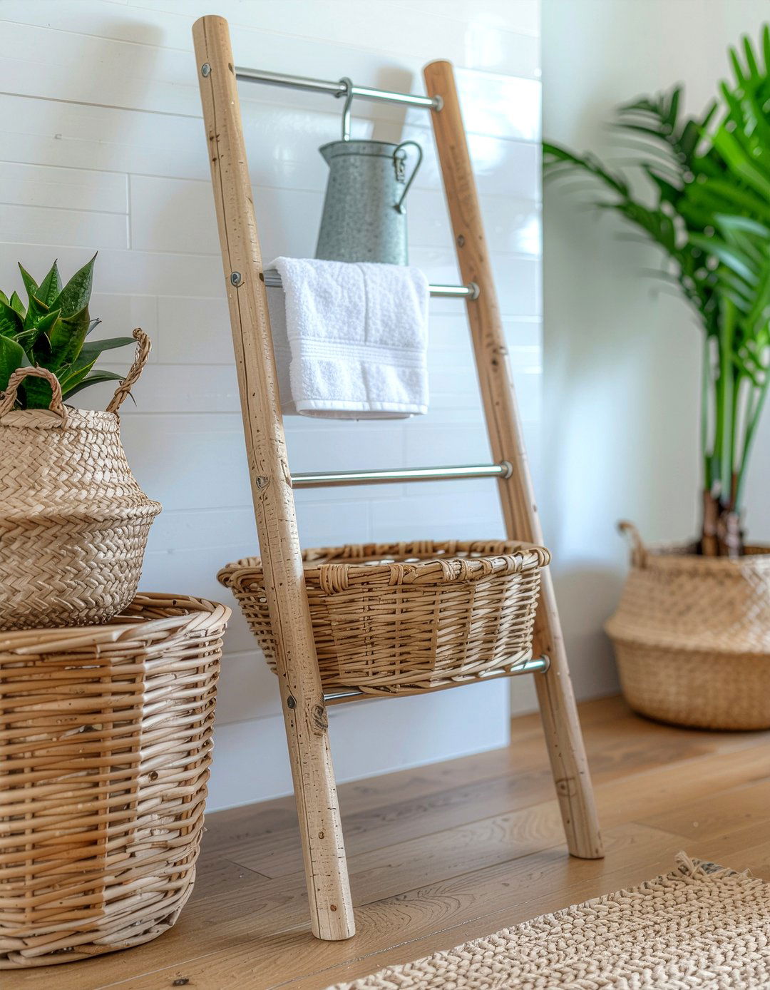 Rustic wood bathroom ladder - 30 bathroom ladder shelf ideas