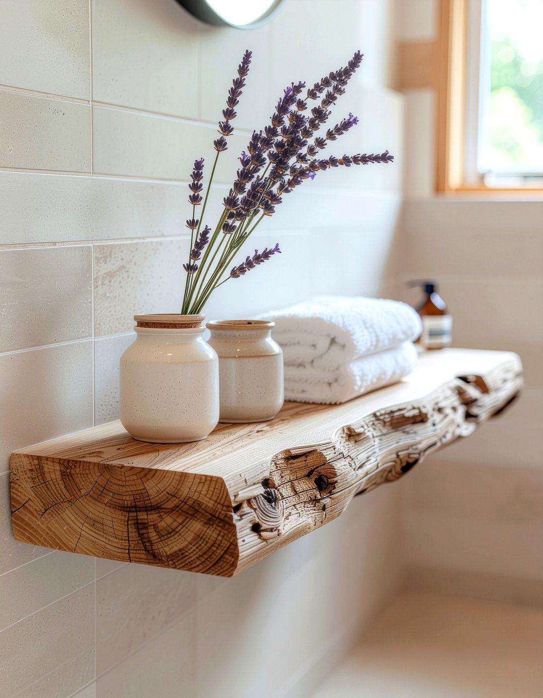 Rustic wood bathroom shelf - 30 bathroom shelf styling ideas