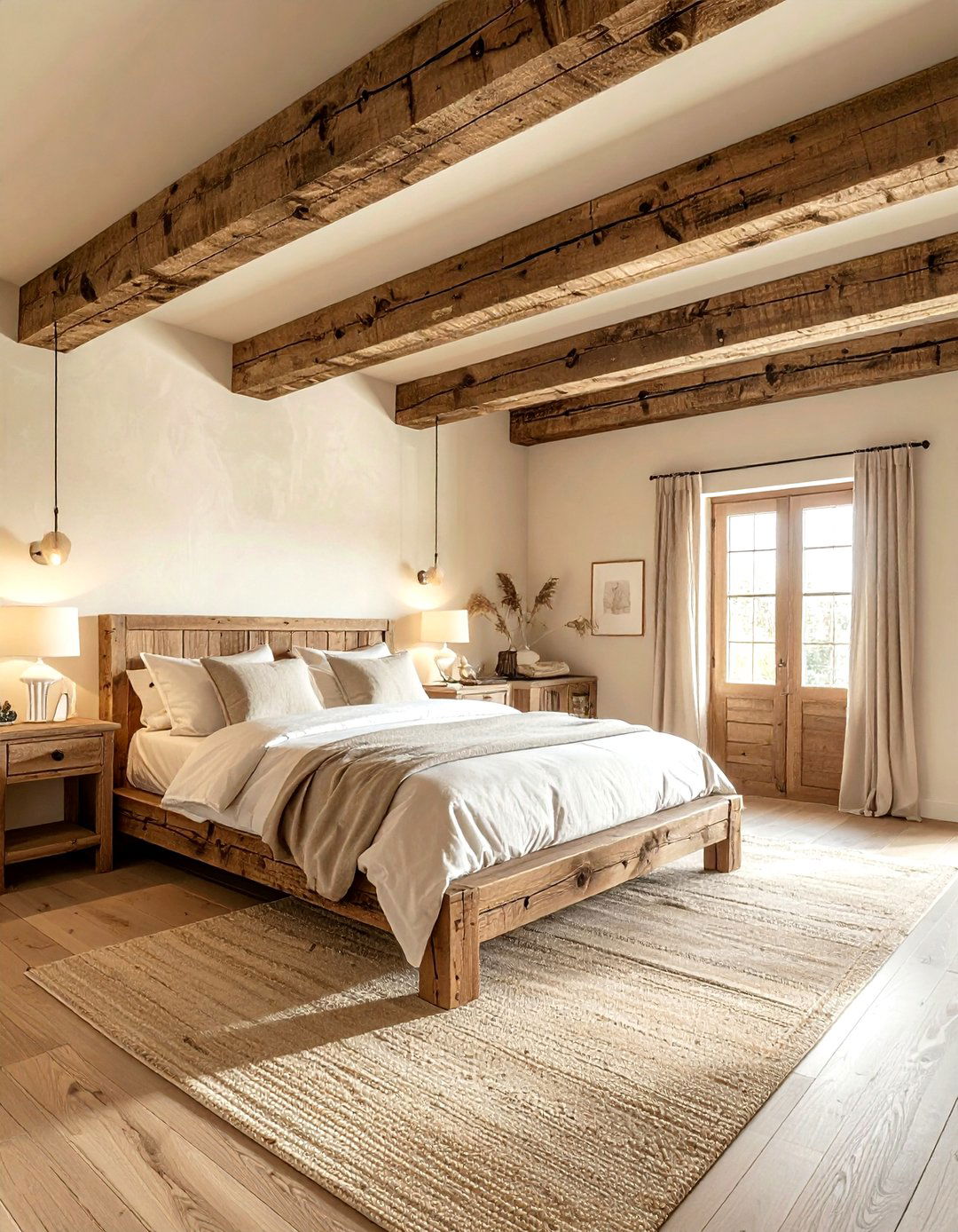 Rustic wood beam bedroom - 30 farmhouse beige bedroom ideas
