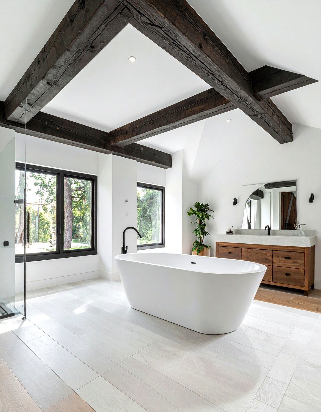 Rustic wood beam ceiling - 30 Fixer Upper bathroom ideas