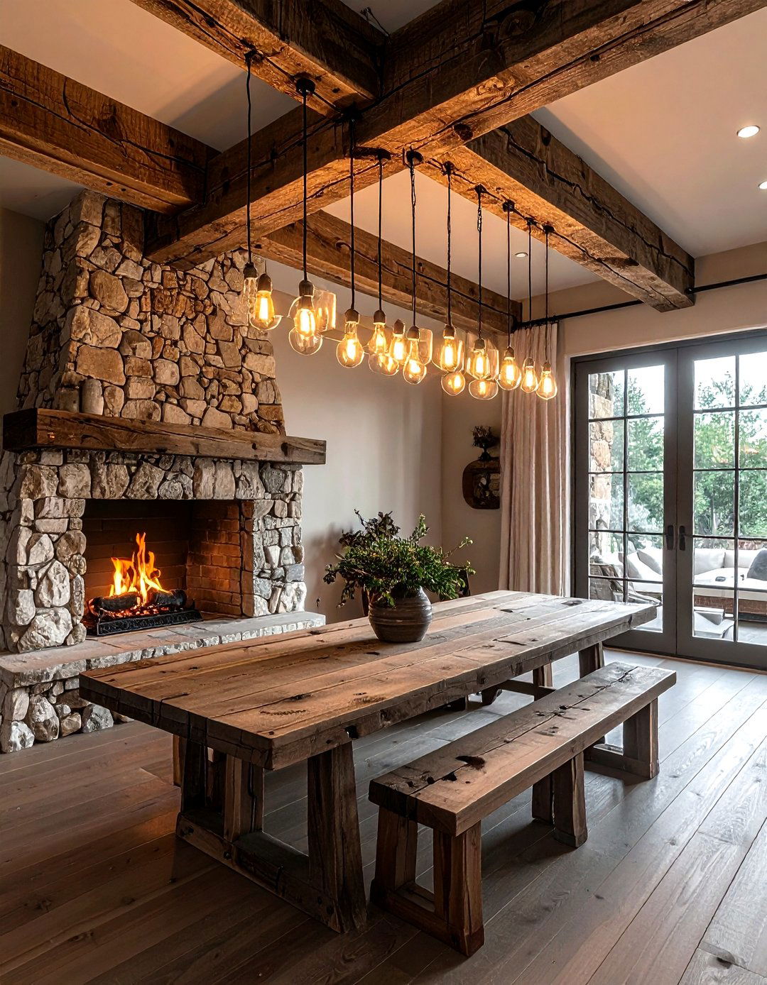 Rustic wood beam light - 30 dining room layered lighting ideas