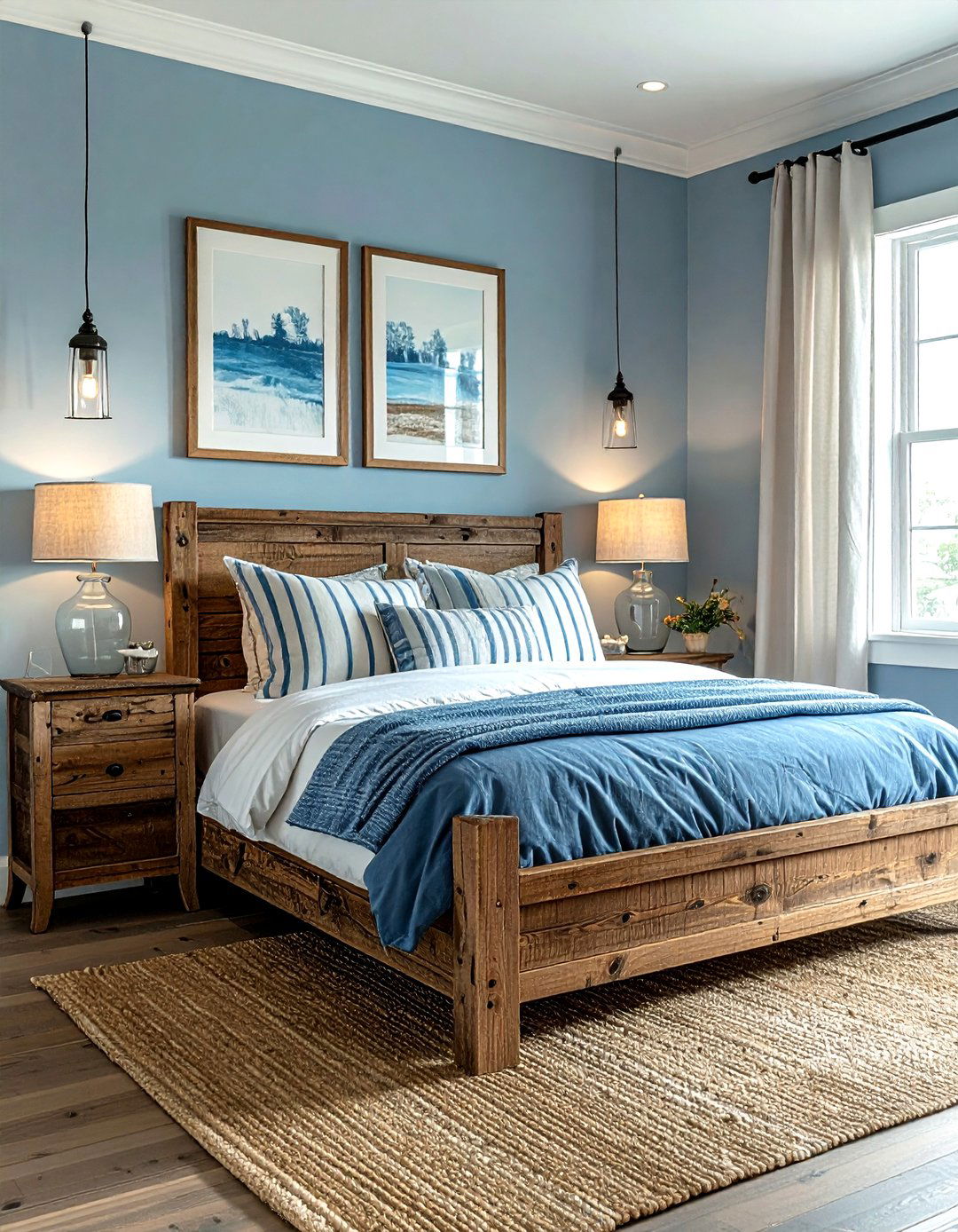 Rustic wood bed frame - 30 farmhouse blue bedroom ideas