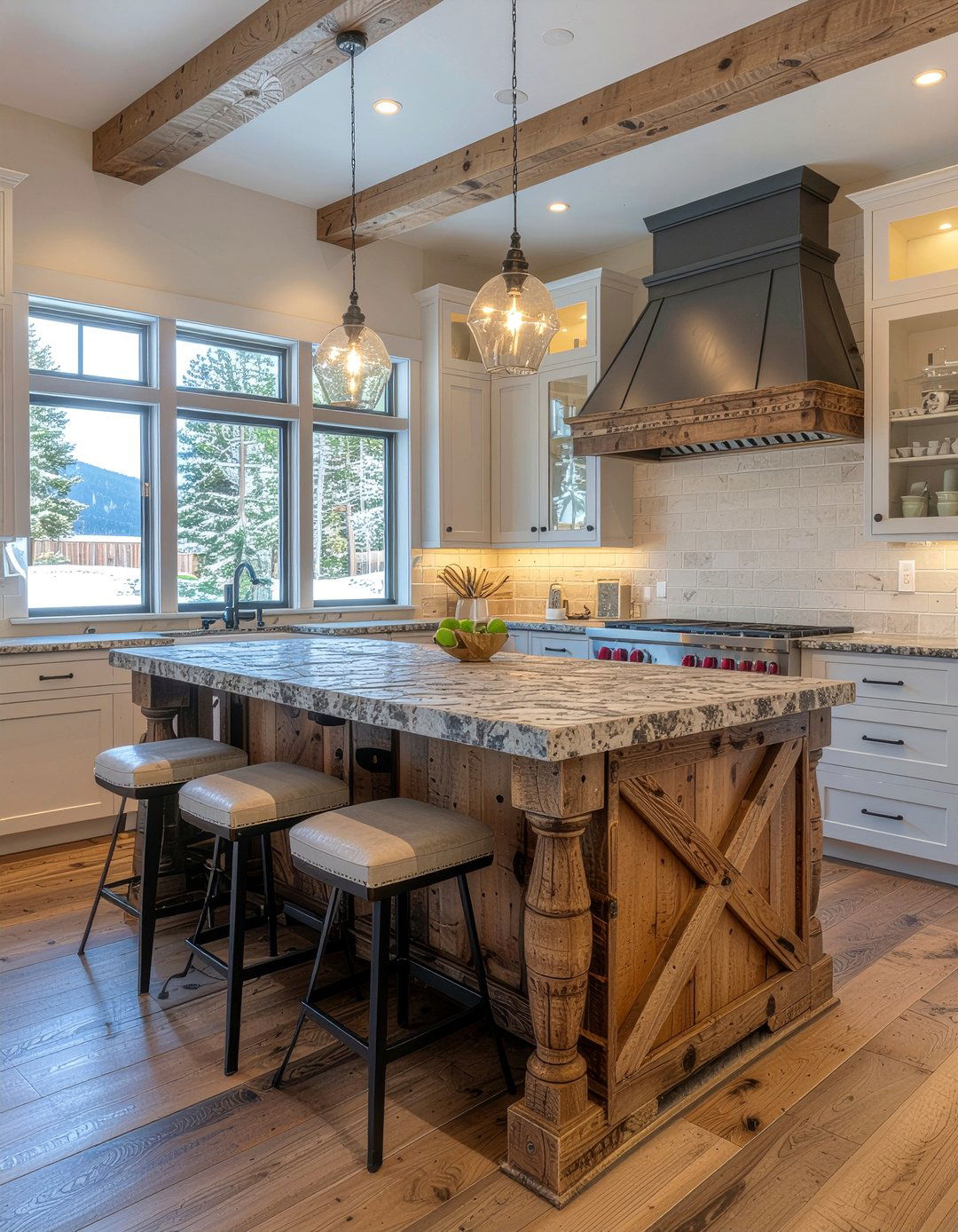 Rustic wood kitchen island - 30 mountain kitchen ideas