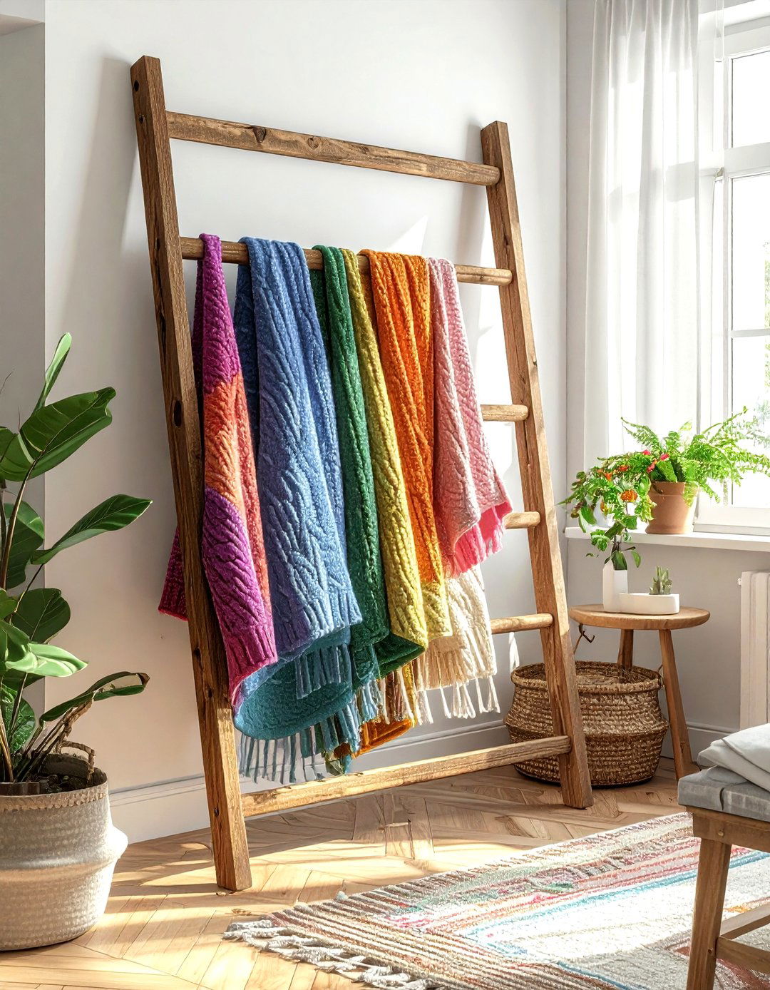 Rustic wood ladder rack - 30 living room reclaimed furniture ideas