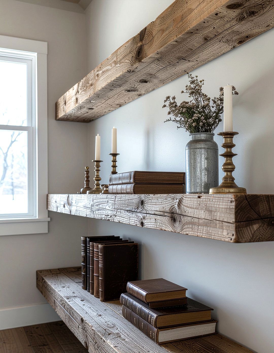 Rustic wood shelf - 30 floating shelf decor ideas