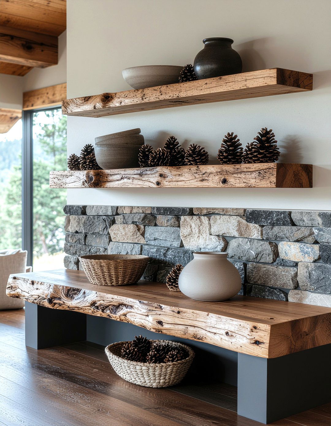 Rustic wood shelving - 30 living room bookshelf styling ideas