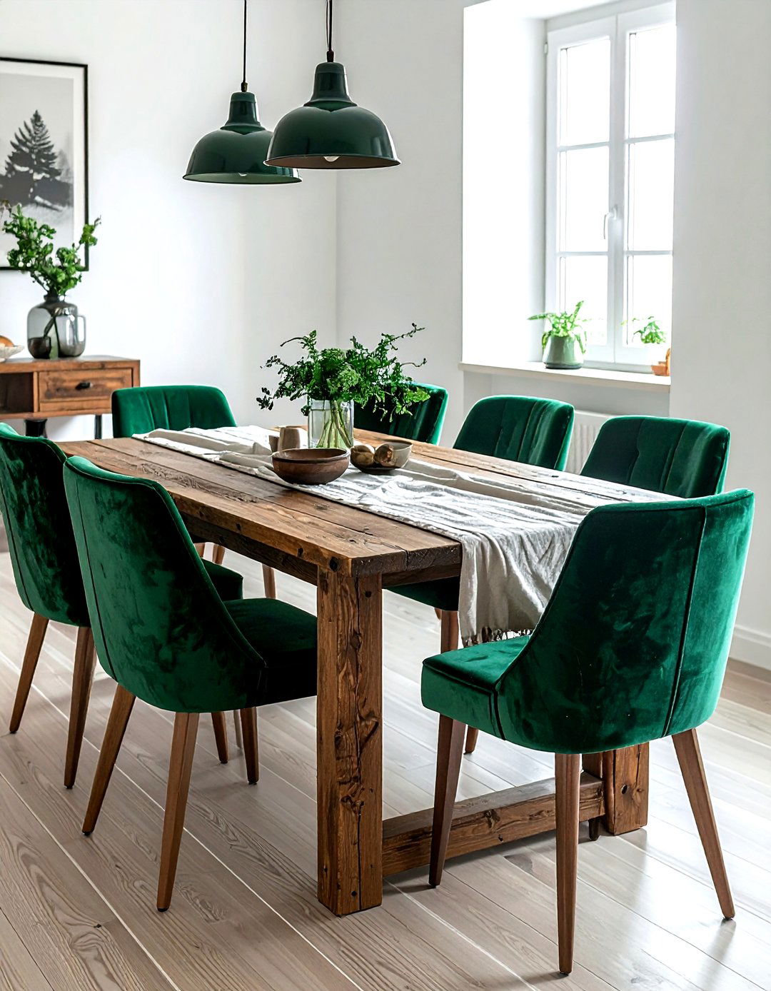 Rustic wood table velvet chairs - 30 velvet dining room ideas