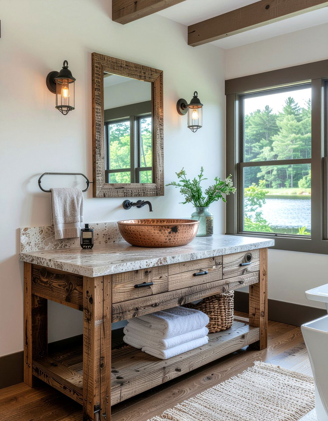 Rustic wood vanity - 30 lake house bathroom ideas