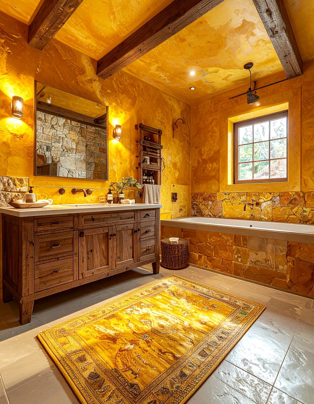 Rustic yellow stone bathroom - 30 bright yellow bathroom ideas