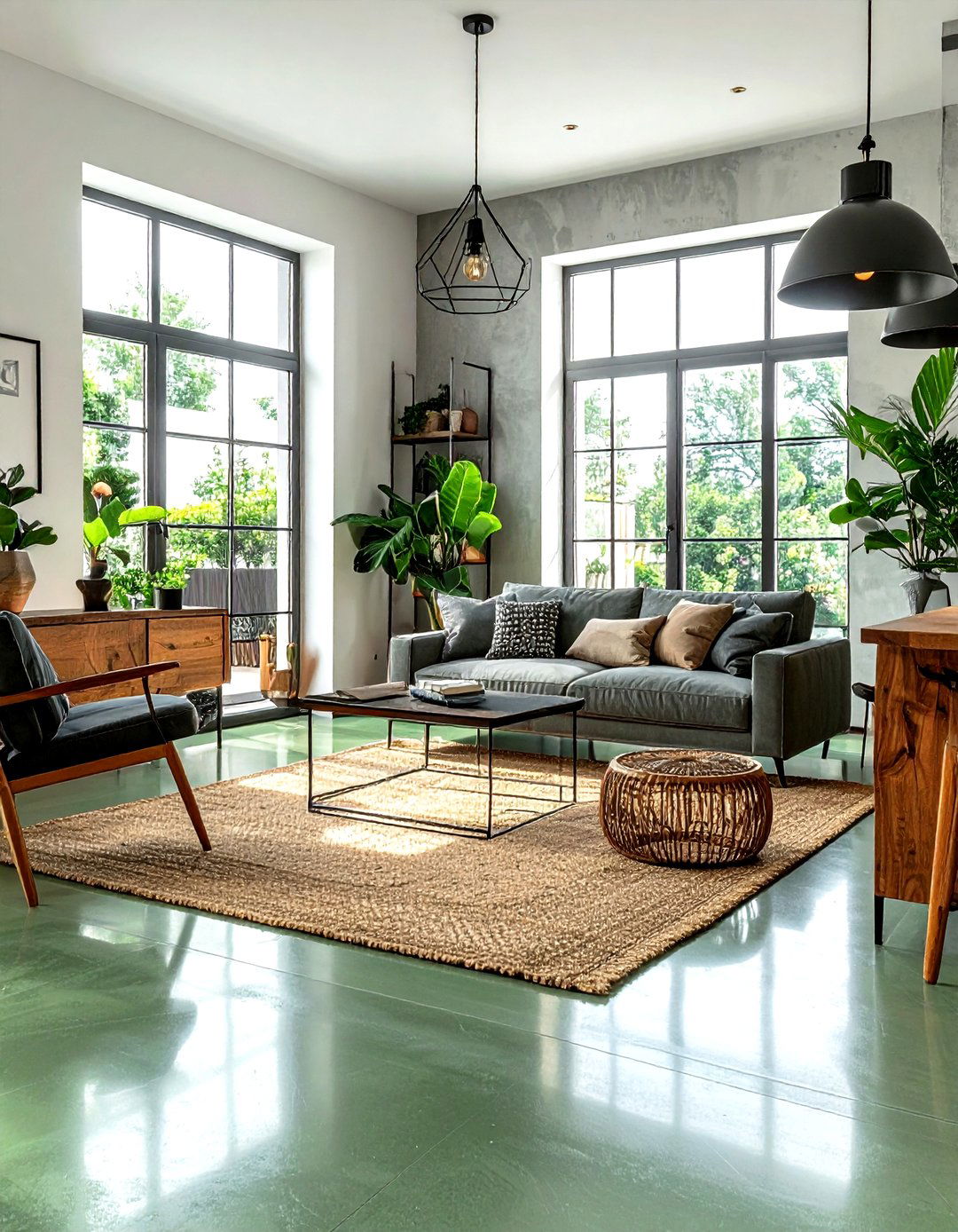 Sage Green Concrete Floor - 30 industrial green living room ideas