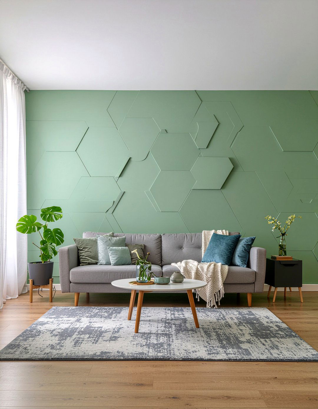 Sage Green Hexagonal Wall - 30 living room geometric wall designs