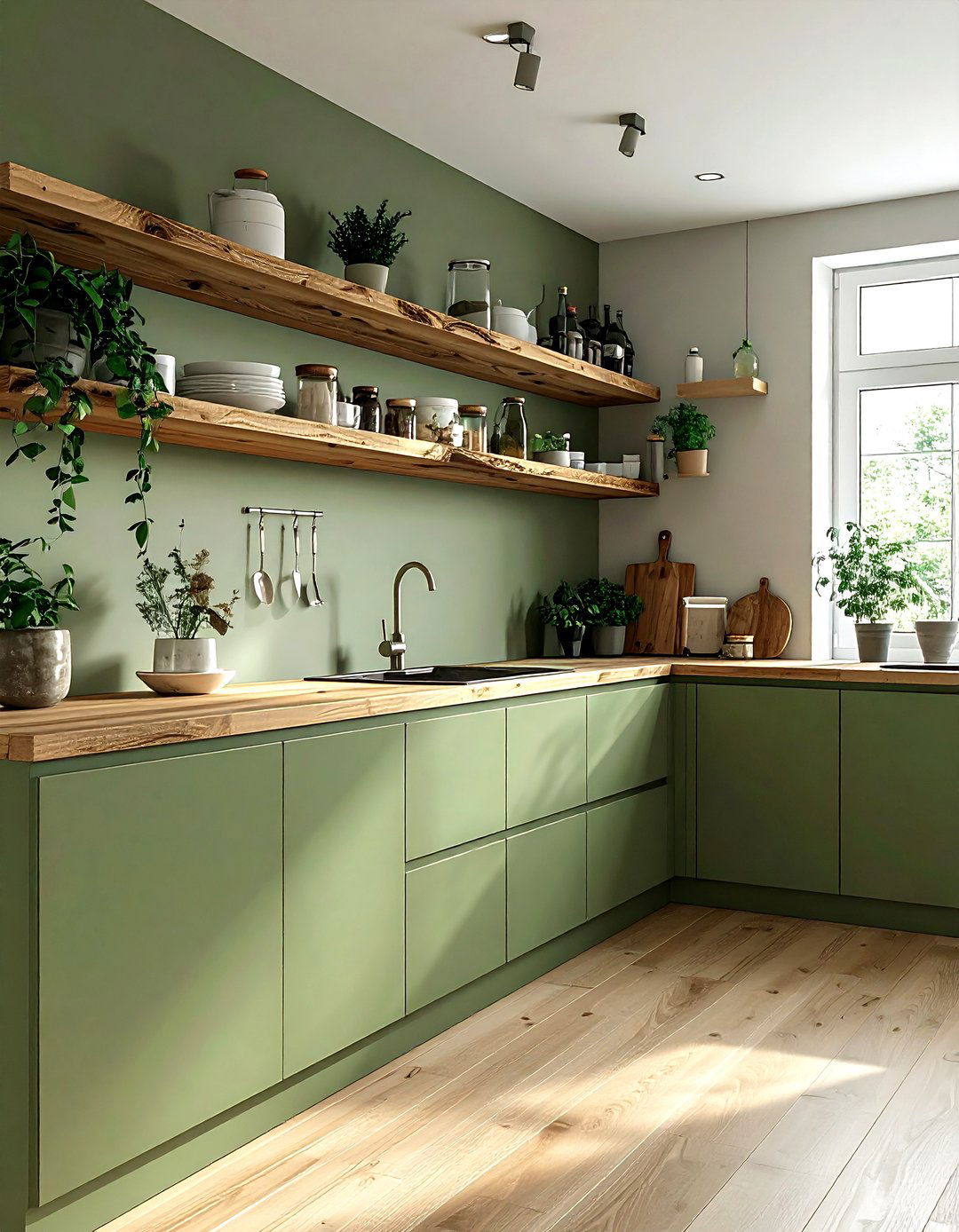 Sage Green Kitchen Floating Wood Shelves - 30 sage kitchen ideas