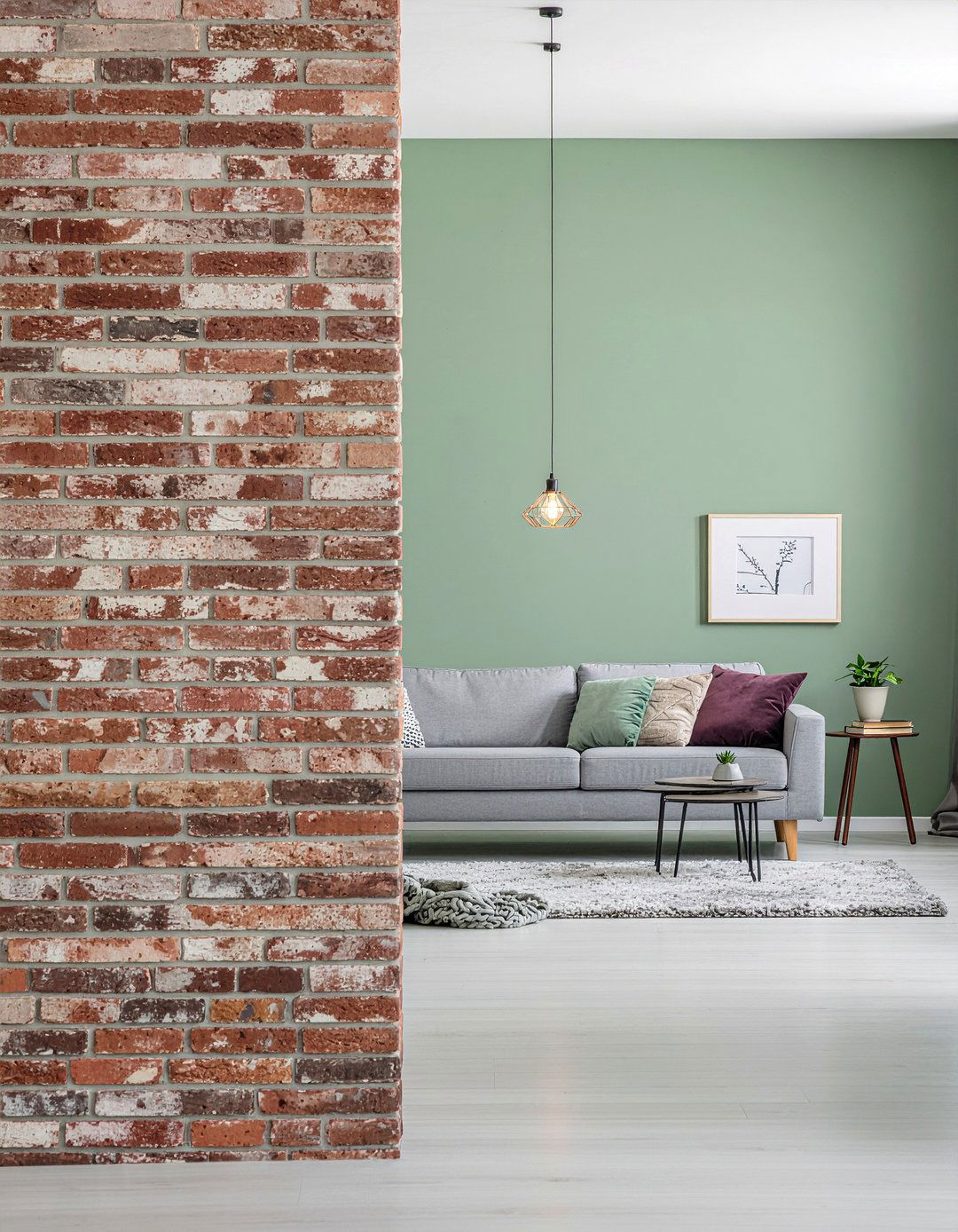 Sage green and brick living room - 30 living room sage green walls