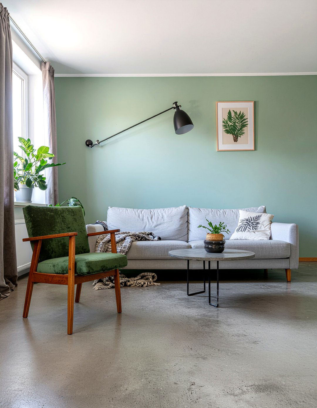 Sage green and concrete living room - 30 living room sage green walls