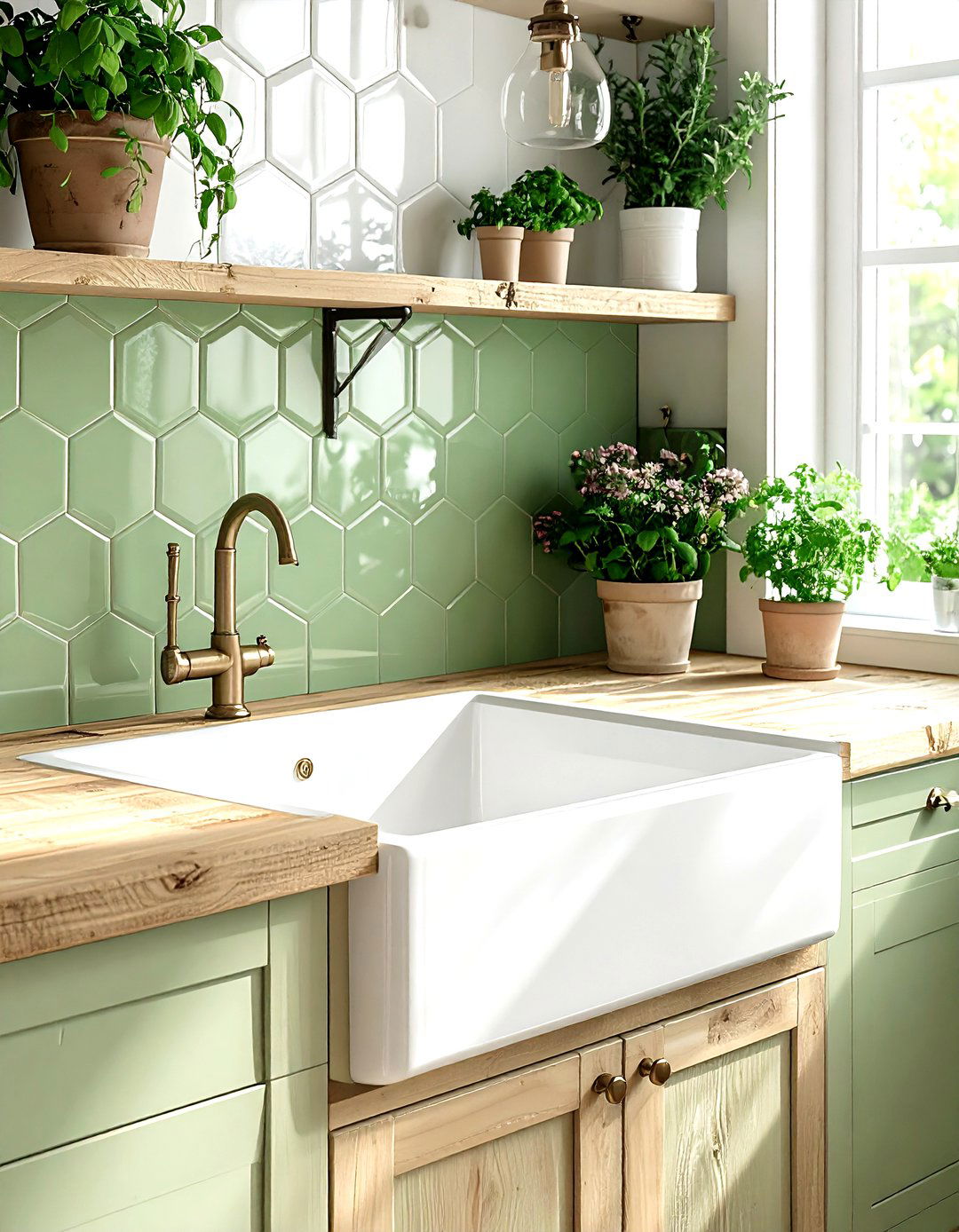 Sage green hex tile - 30 hexagon tile kitchen backsplash ideas