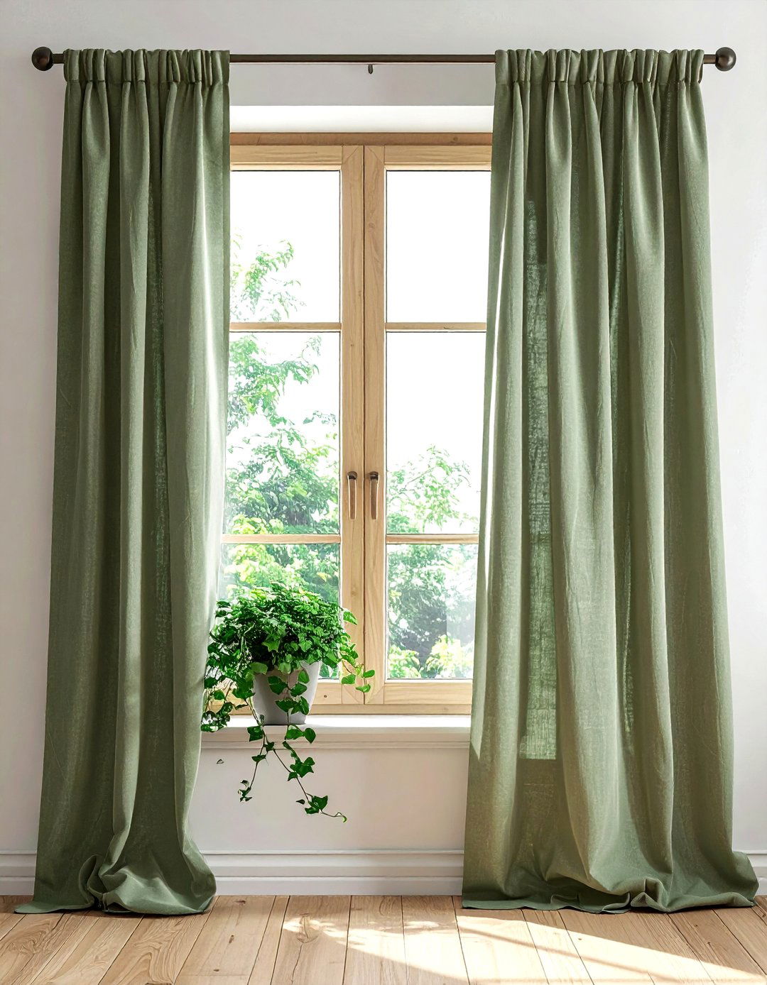 Sage green linen curtain - 30 forest decor ideas