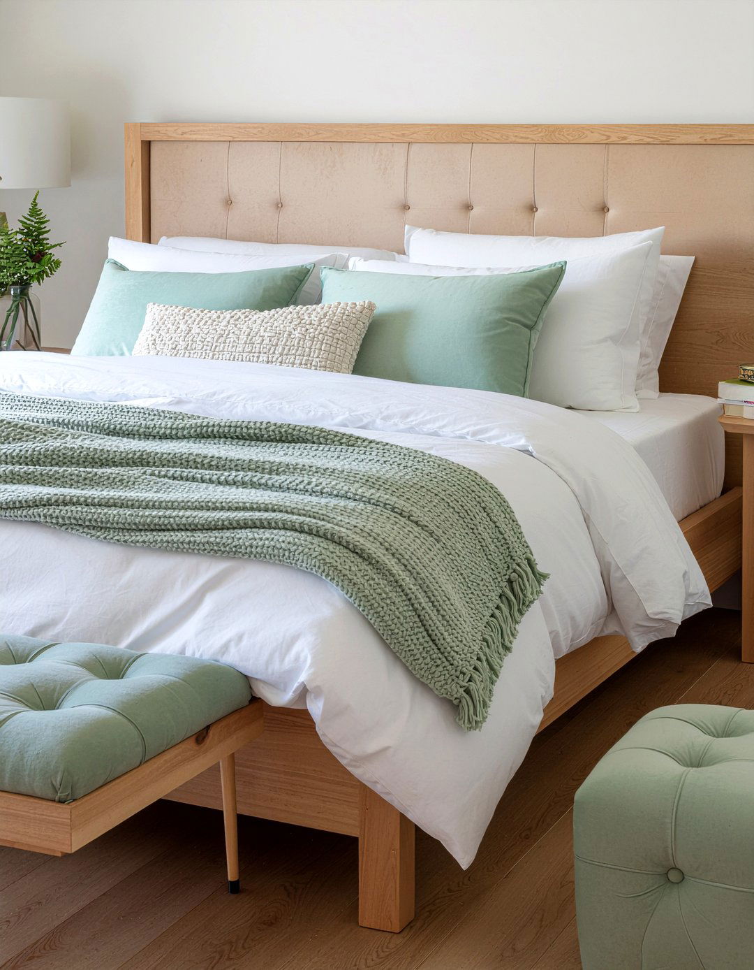 Sage green suede accents - 30 suede bedroom ideas