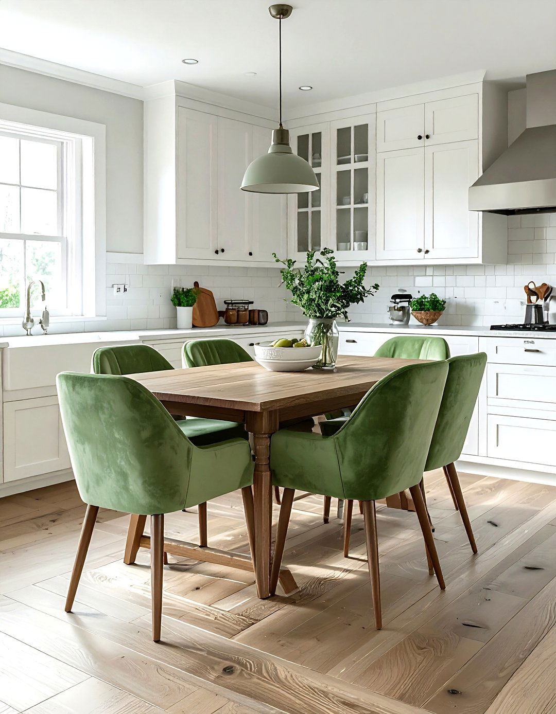 Sage green velvet chairs for farmhouse kitchen - 30 velvet kitchen ideas