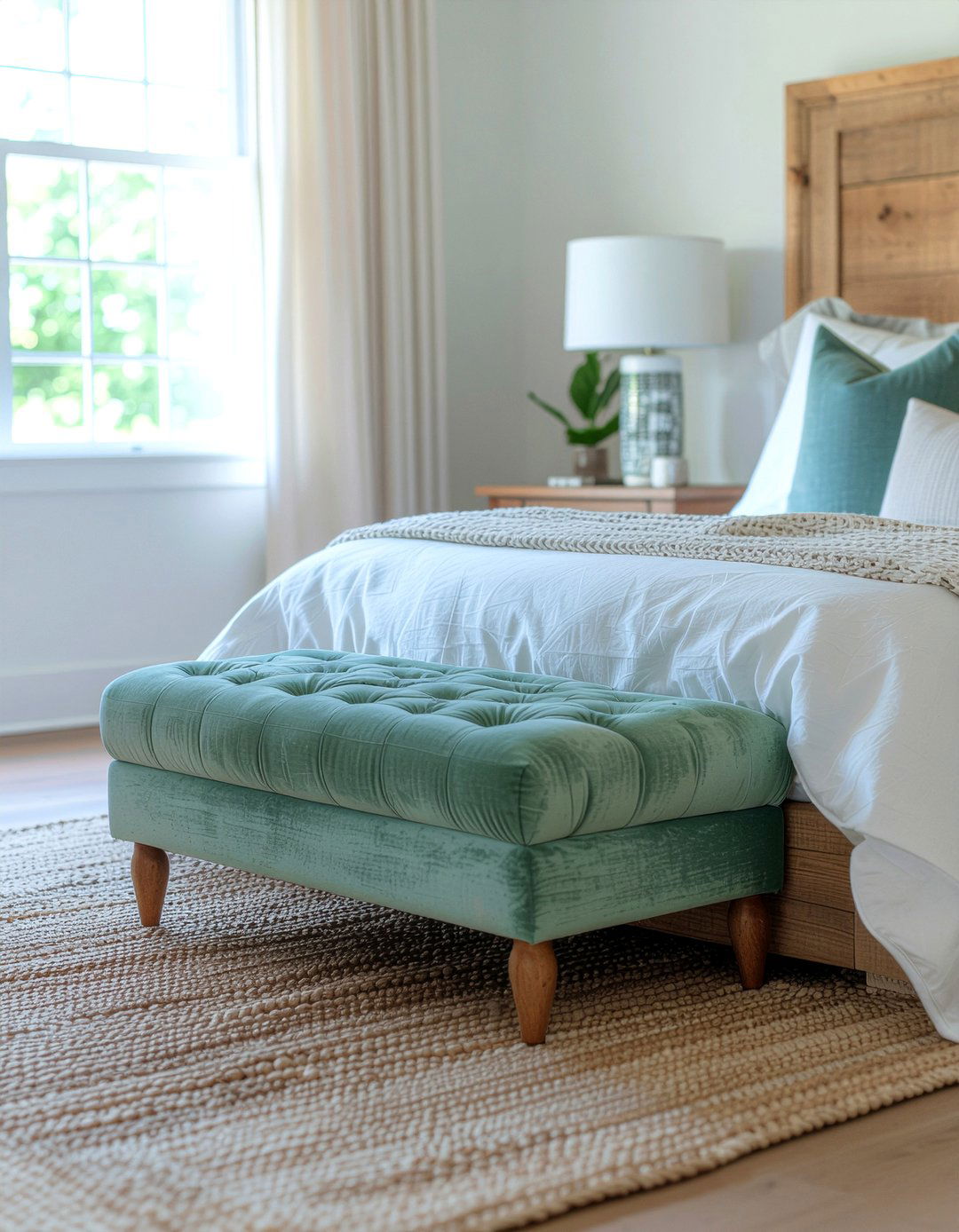 Sage green velvet ottoman - 30 velvet bedroom ideas