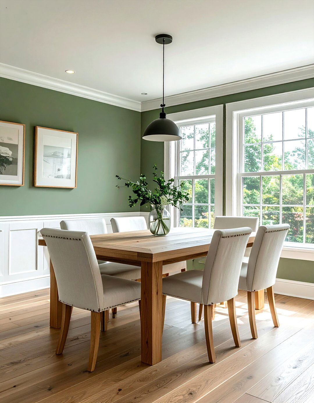 Sage green walls white trim - 30 green and white dining room ideas