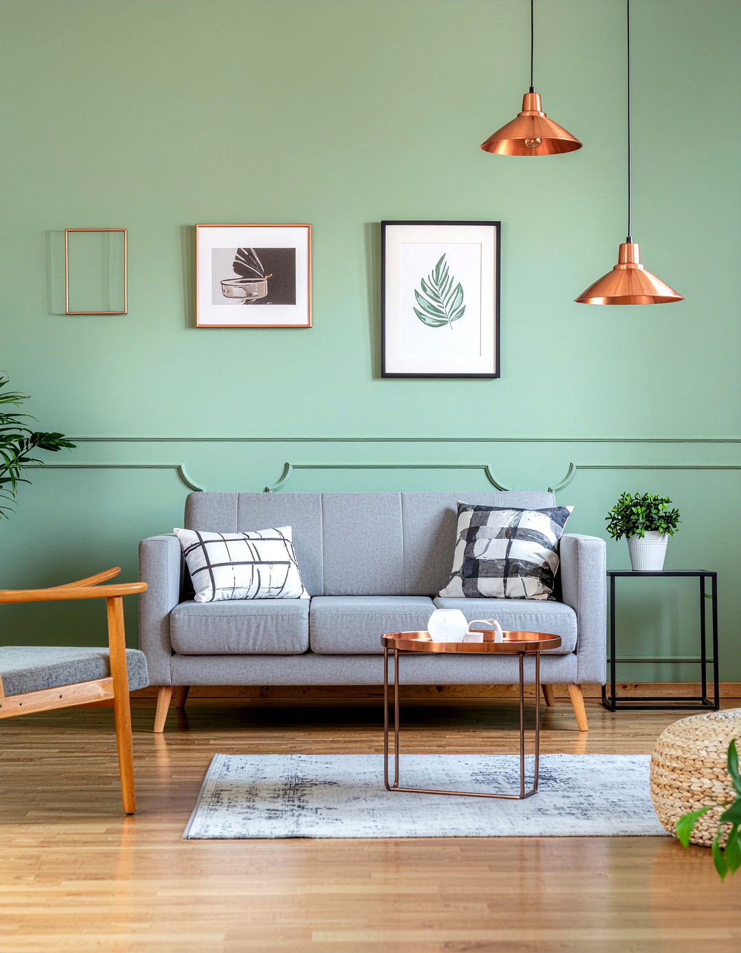Sage green walls with copper accents - 30 living room sage green walls