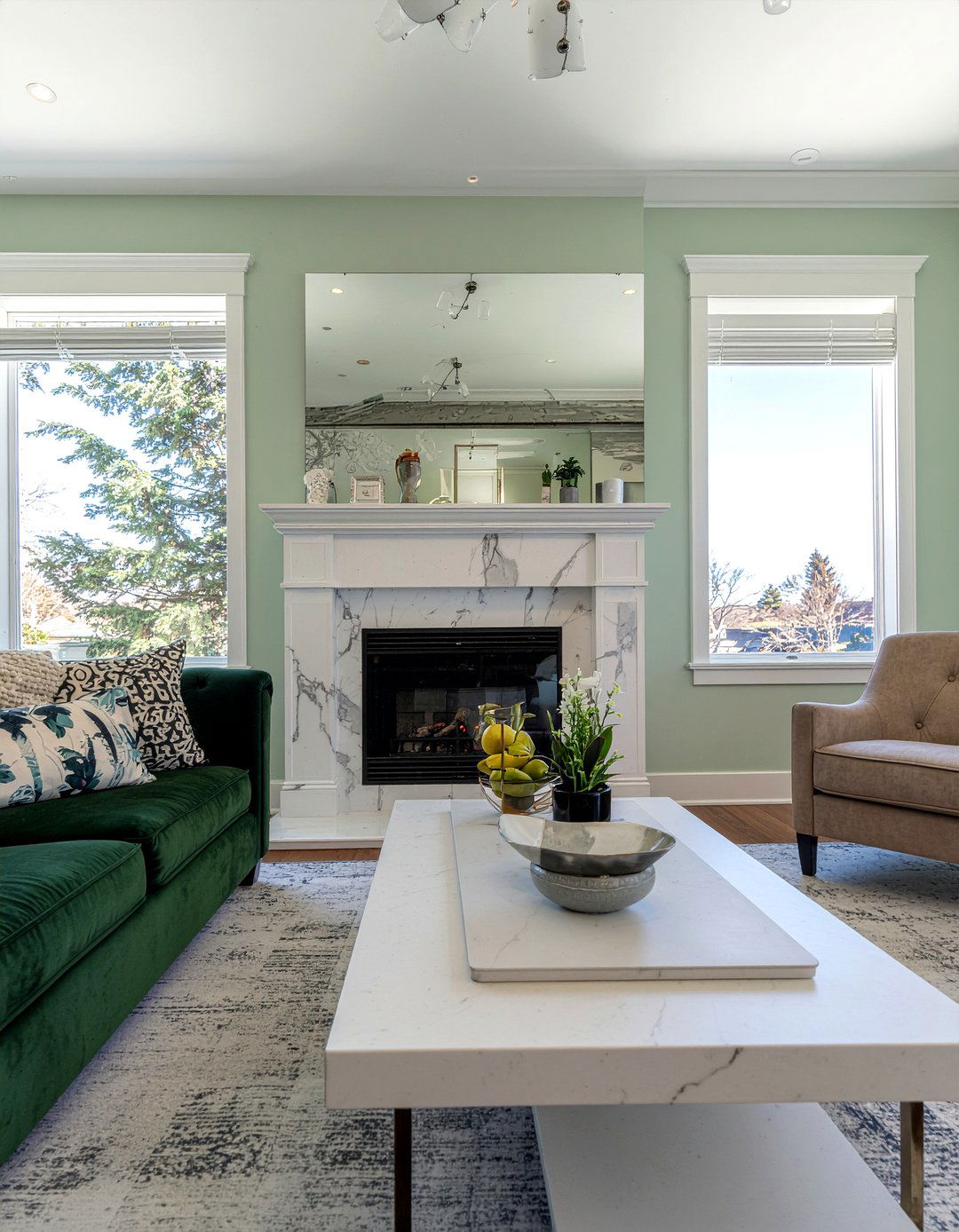 Sage green walls with marble accents - 30 living room sage green walls
