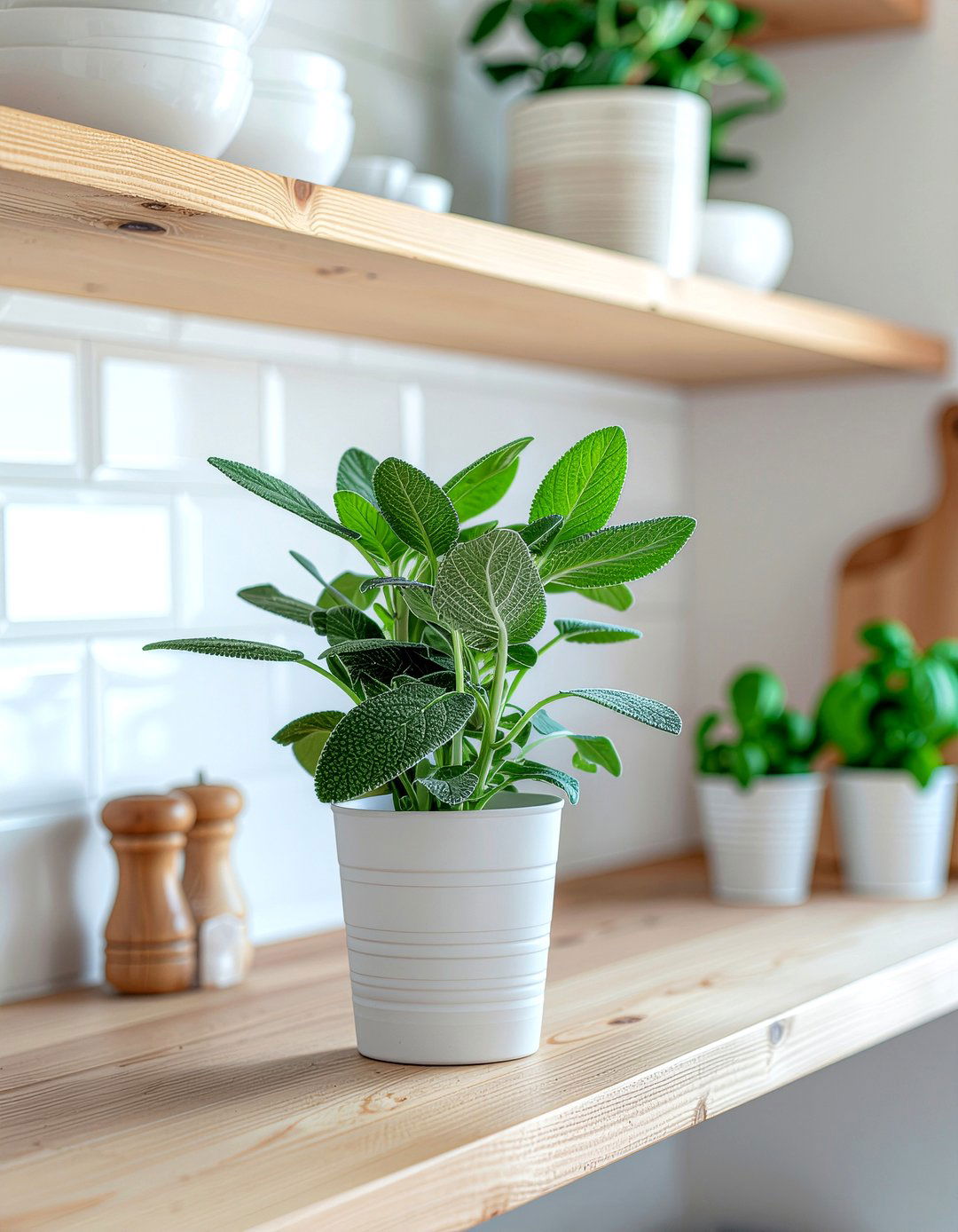 Sage plant for kitchen shelf - 30 kitchen potted plant ideas