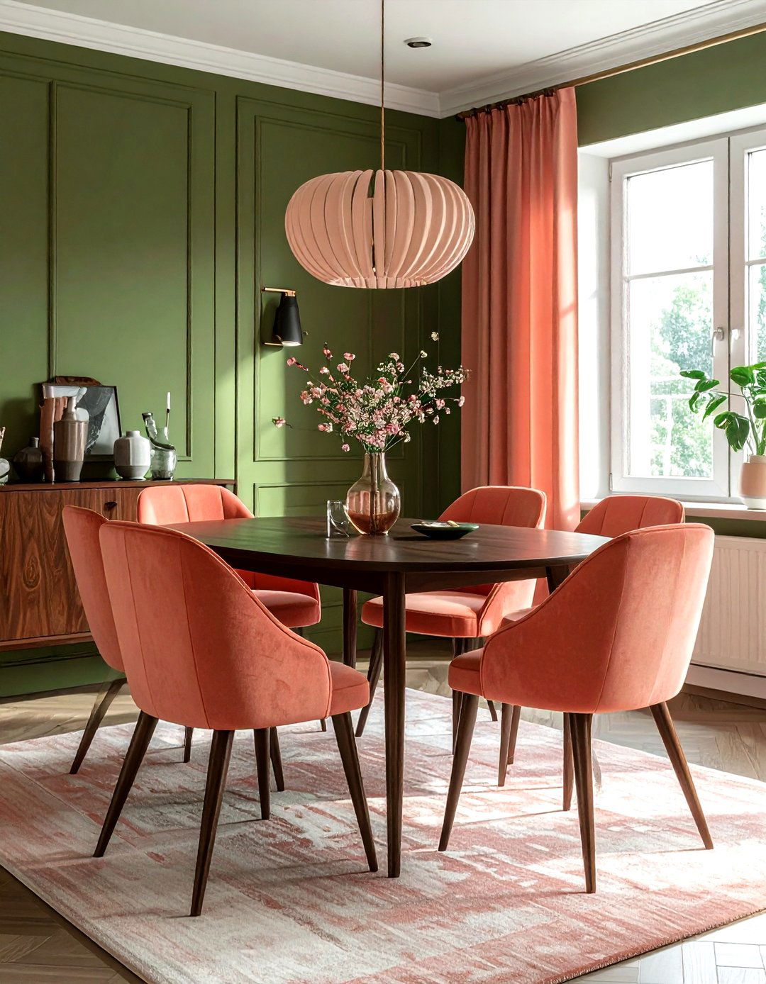 Salmon and olive green dining room - 30 pink dining room color schemes