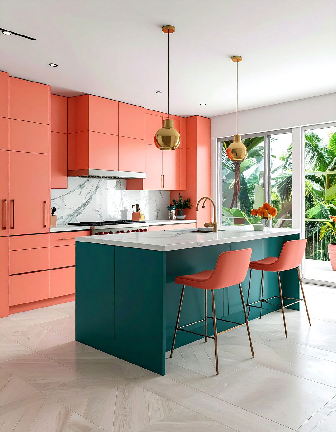 Salmon pink and teal kitchen - 30 pink kitchen color schemes