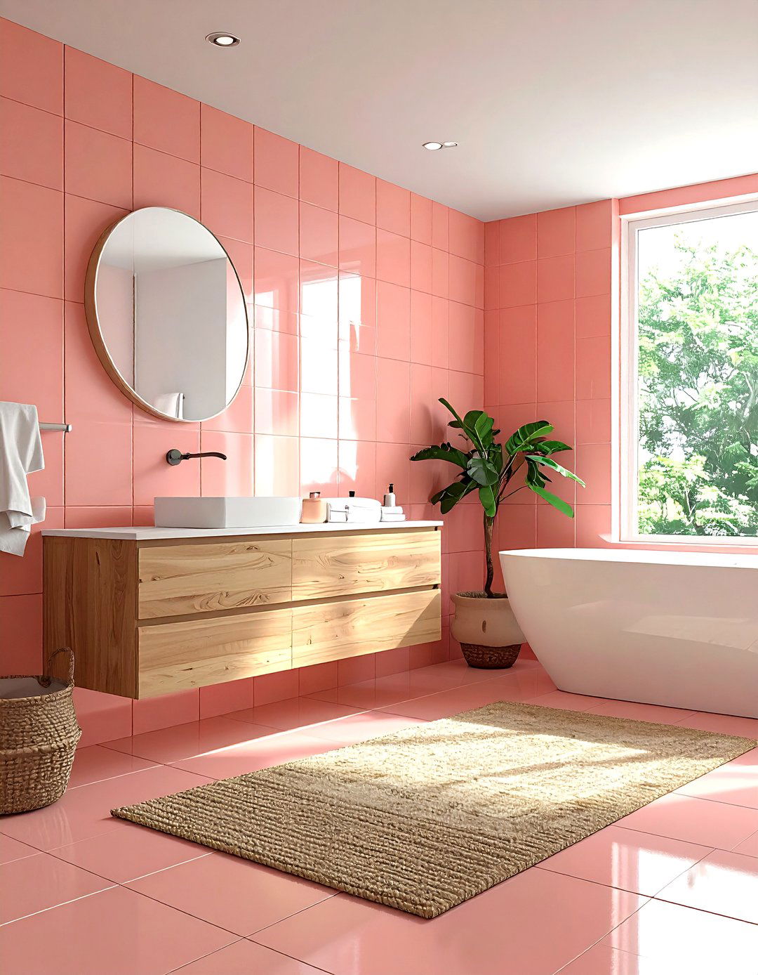 Salmon pink and wood bathroom - 30 pink bathroom color schemes