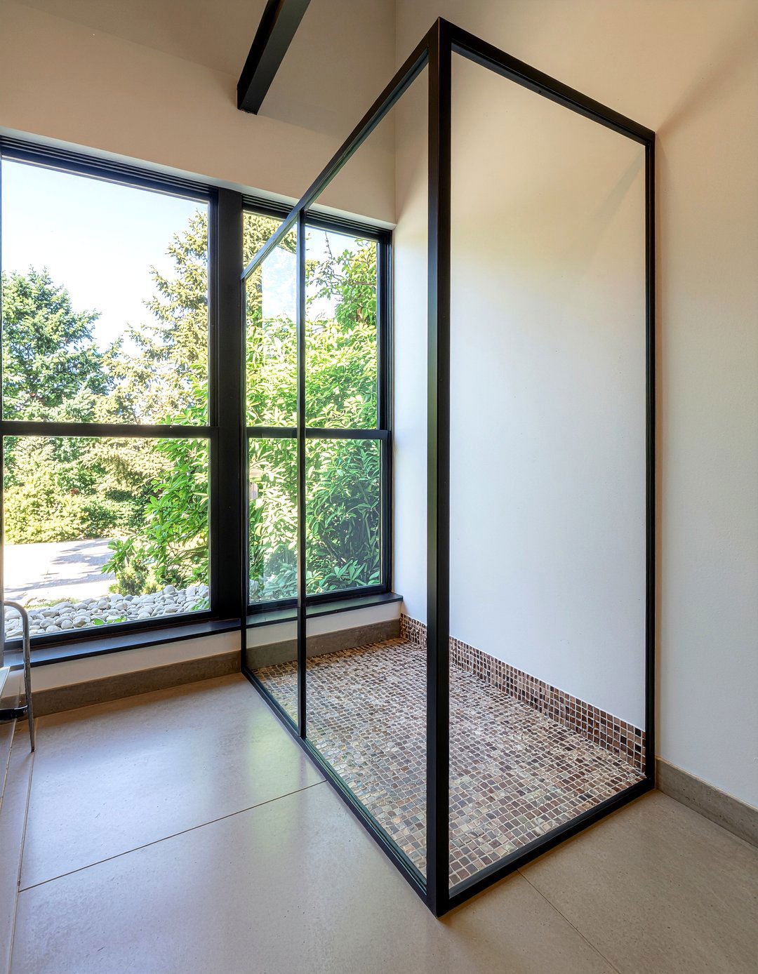 Salvaged factory window partition - 30 reclaimed material bathroom ideas