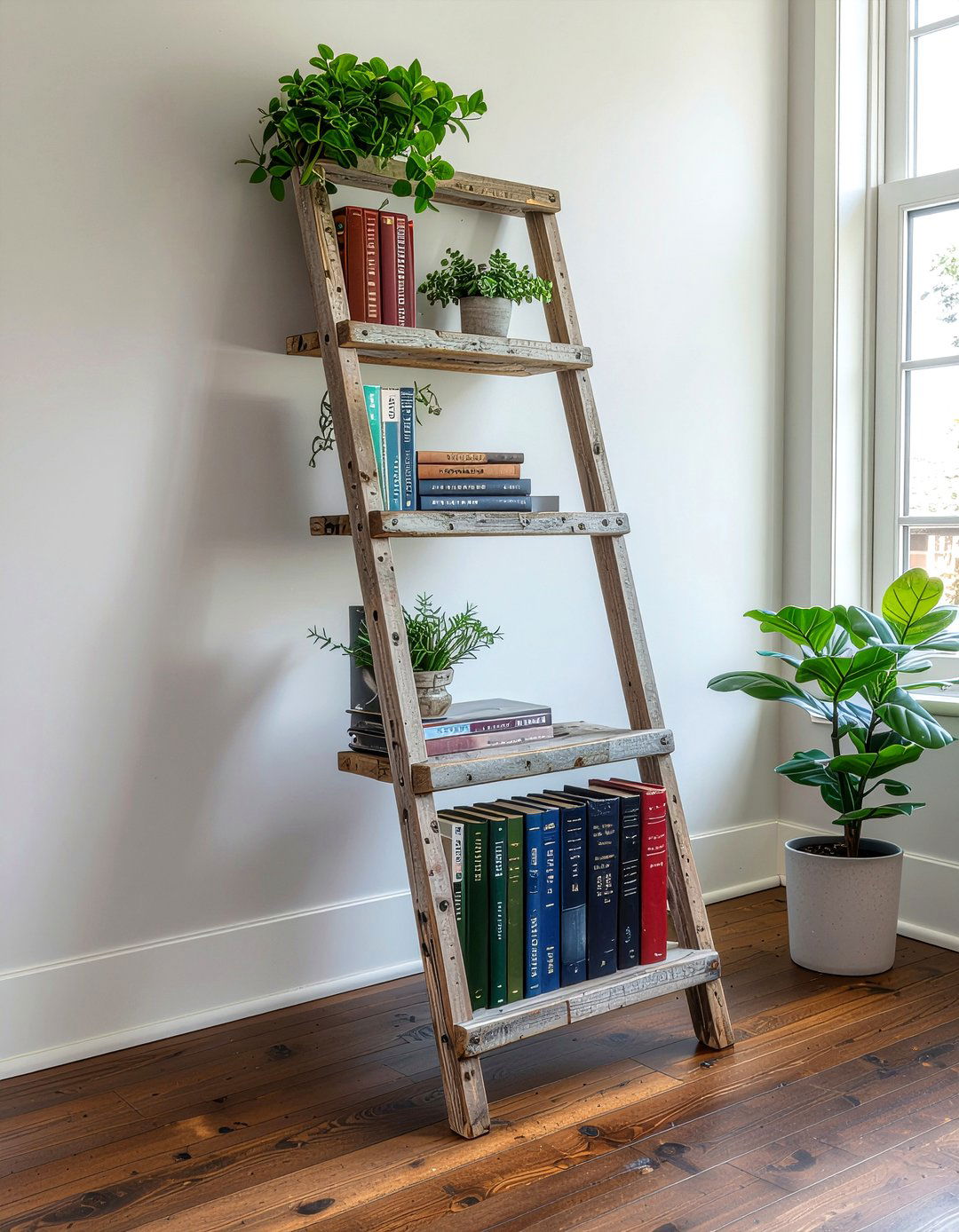 Salvaged ladder bookshelf - 30 living room salvaged furniture ideas
