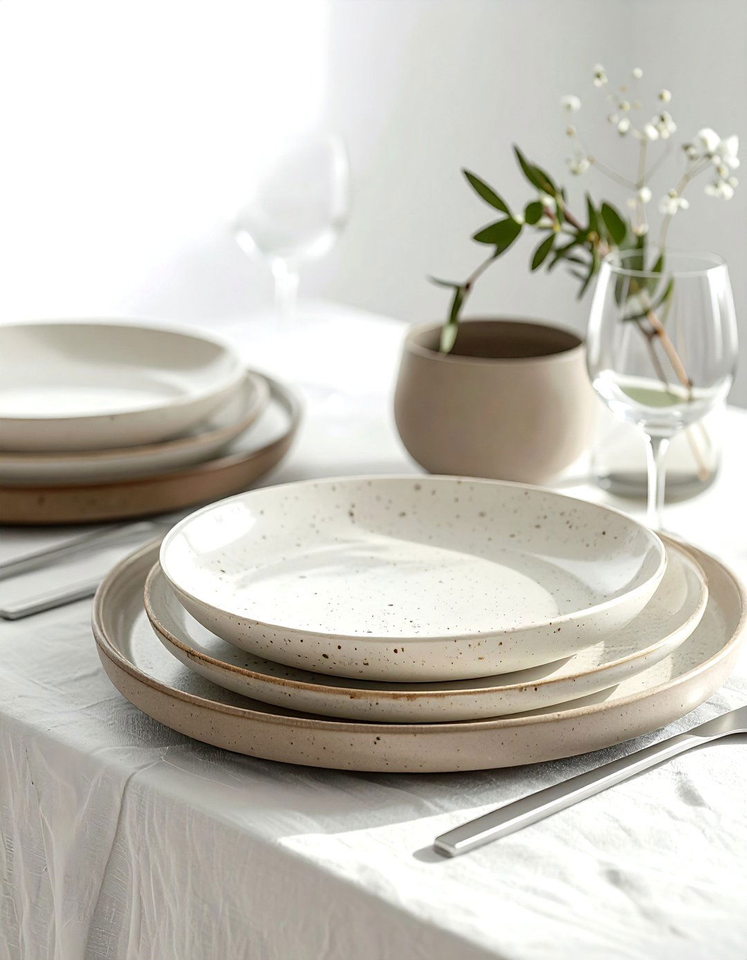 Sand colored stoneware plates - 30 beige dining room accessories ideas