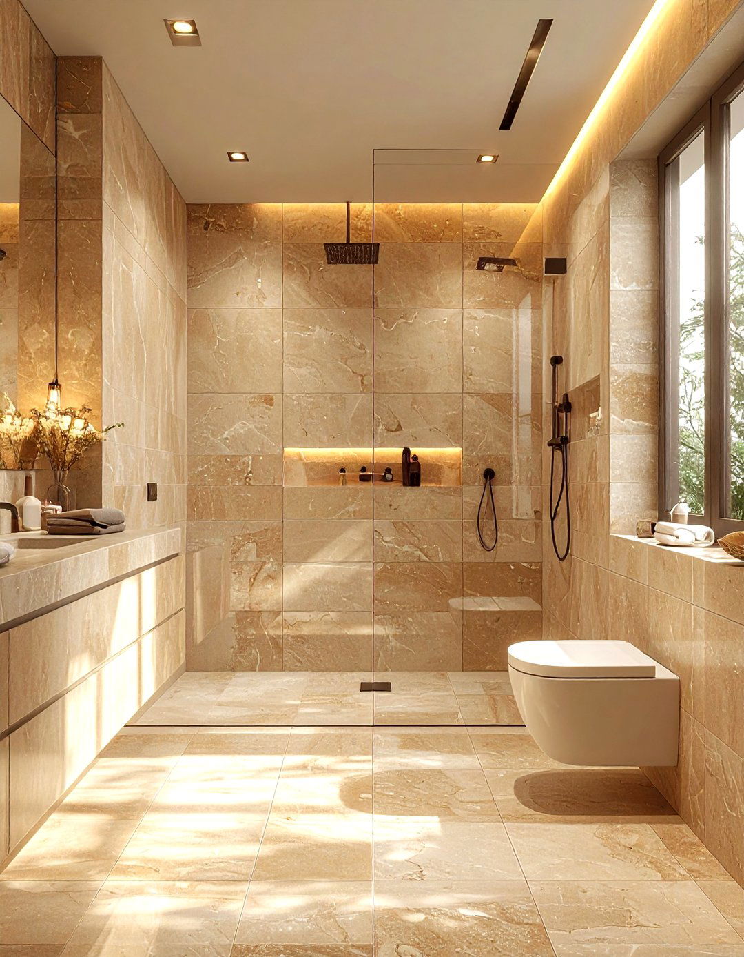 Sandstone finish oversized tile bathroom - 30 oversized tile bathroom ideas