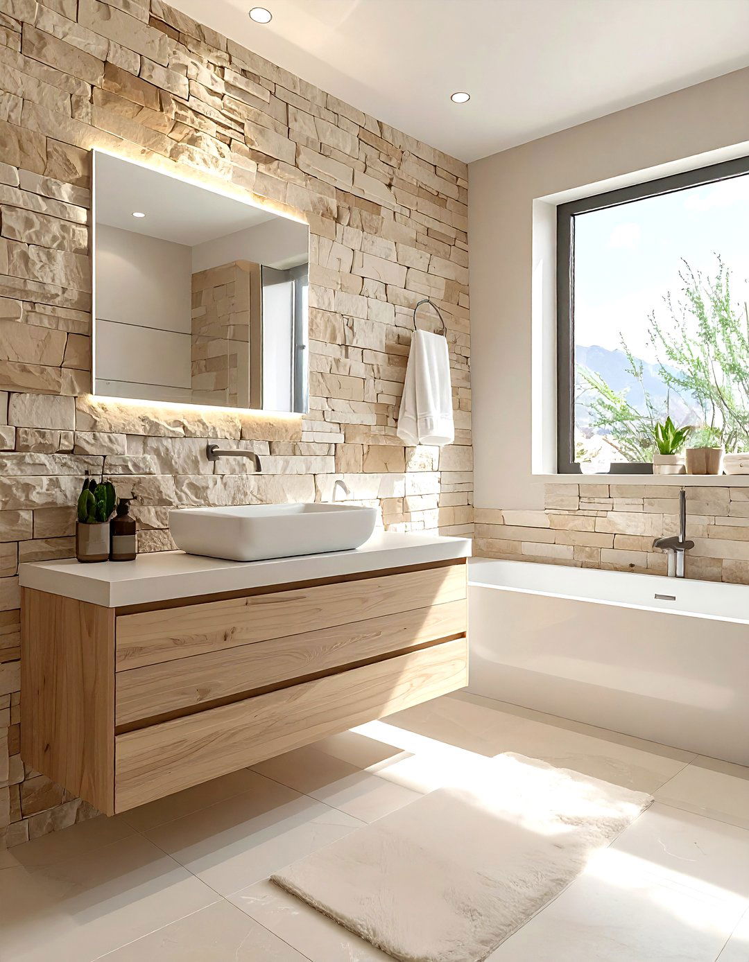 Sandstone ledger stone bathroom - 30 stacked stone bathroom ideas