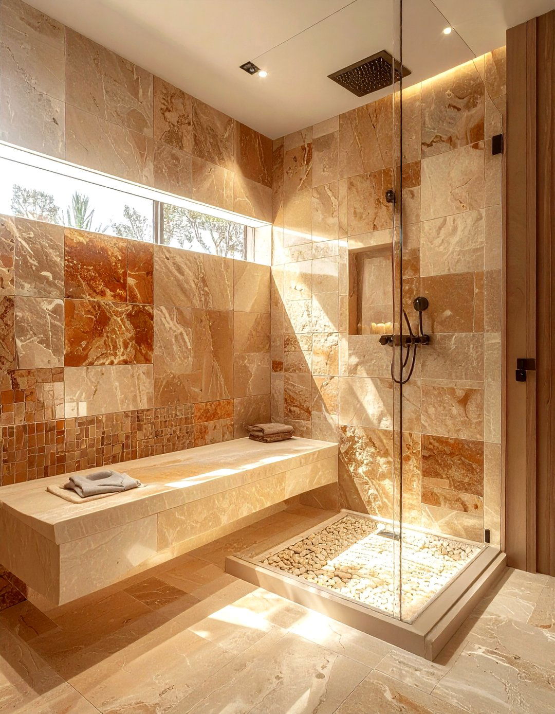 Sandstone mosaic walk in shower - 30 stone mosaic bathroom ideas