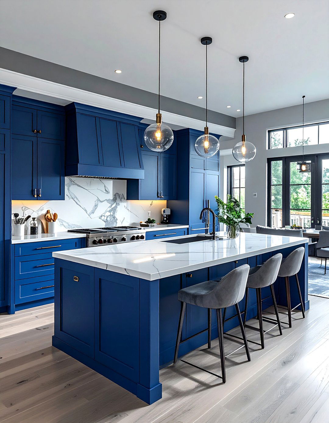 Sapphire blue island with misty gray walls - 30 blue and gray kitchen ideas