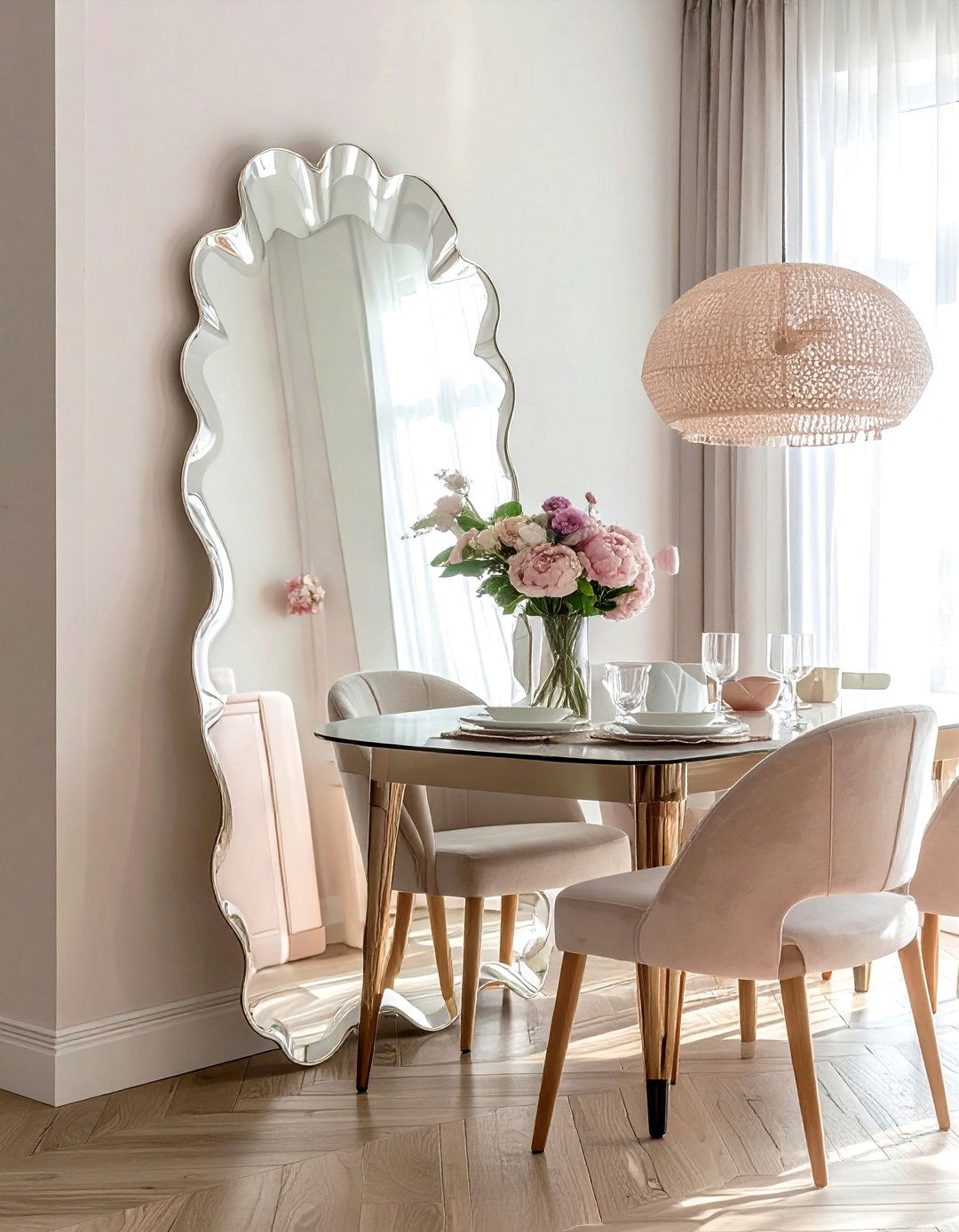 Scalloped floor mirror - 30 floor mirror dining room ideas
