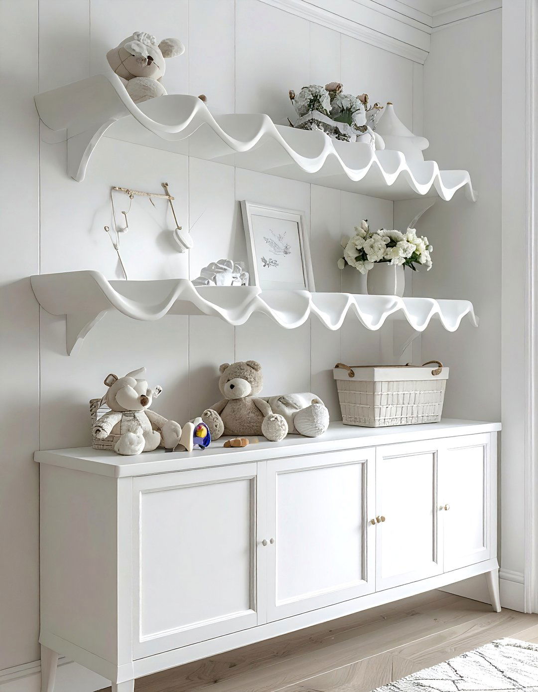 Scalloped nursery wall shelf - 30 nursery shelf ideas