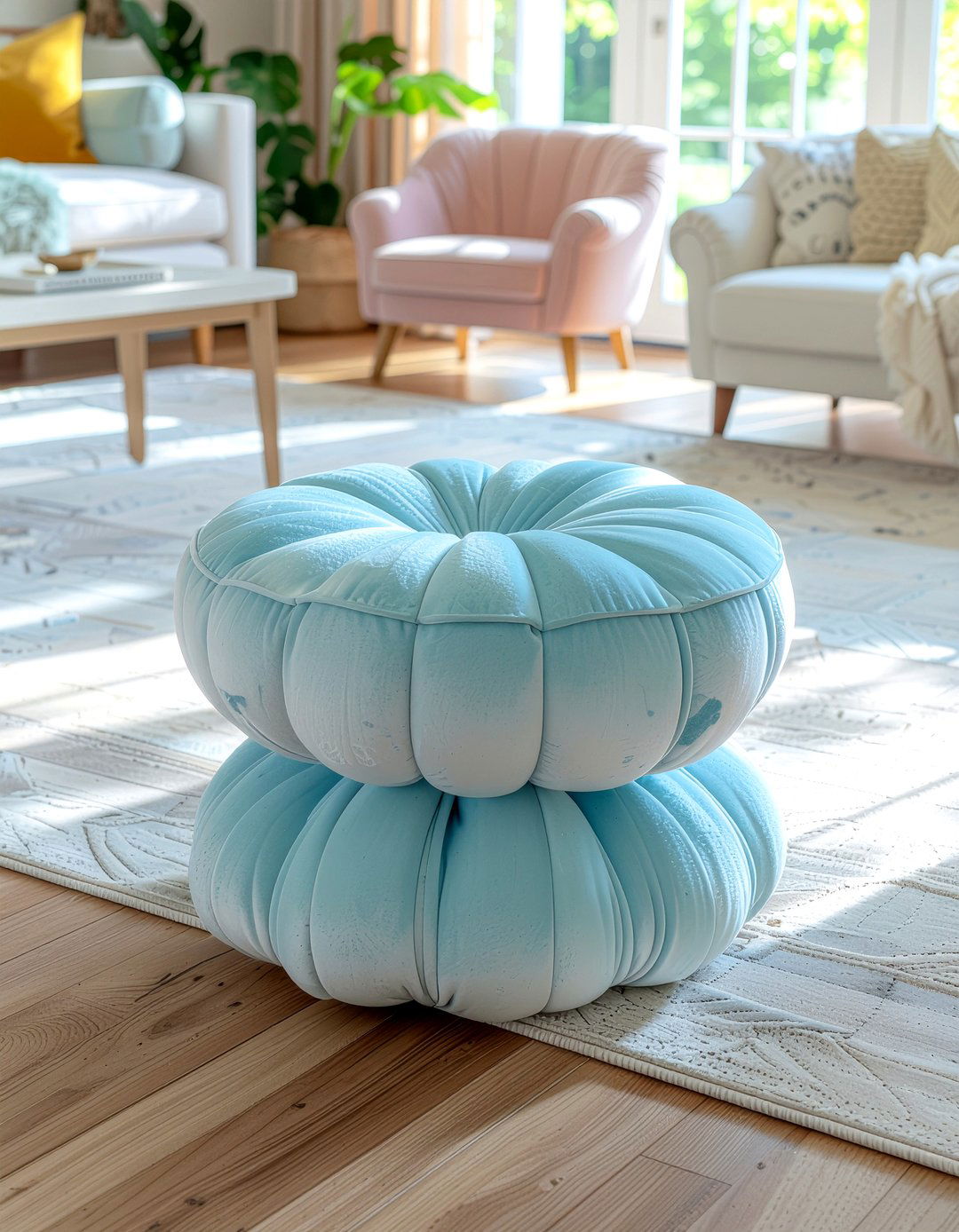 Scalloped velvet ottoman - 30 living room velvet ottoman ideas