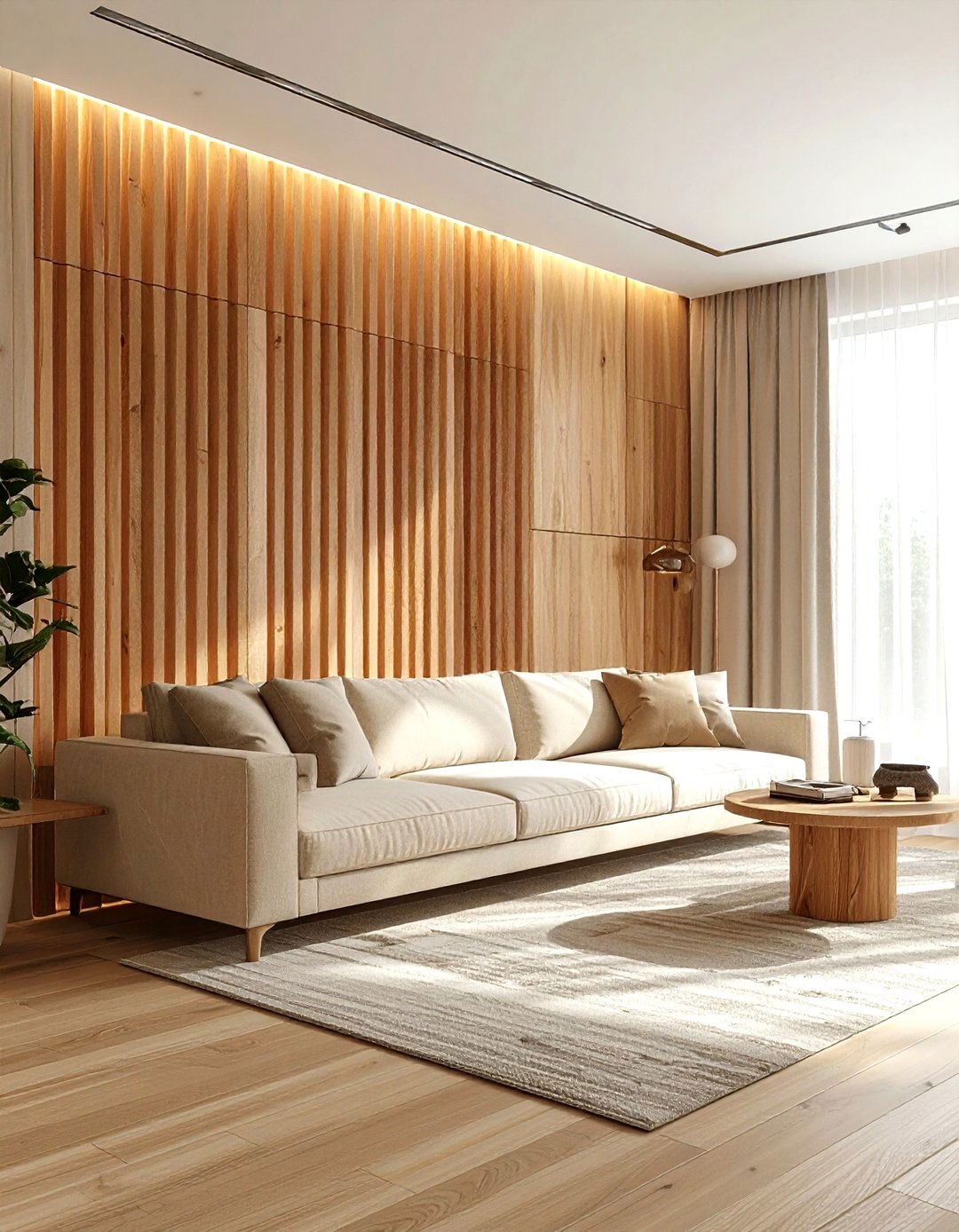 Scandi Living Room With Wooden Slats - 30 scandinavian beige living room ideas