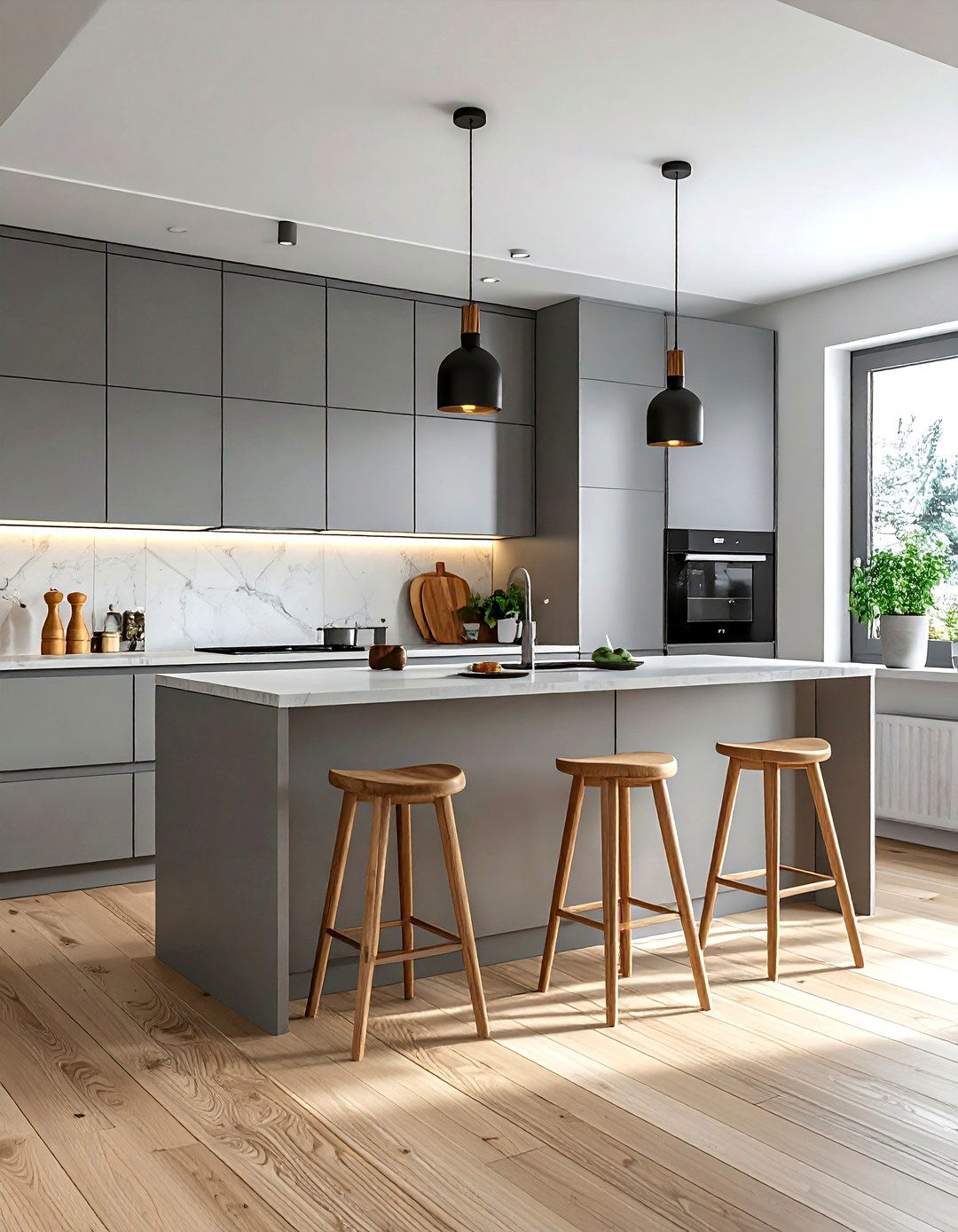 Scandi grey kitchen with light oak boards - 30 grey kitchen accessories ideas