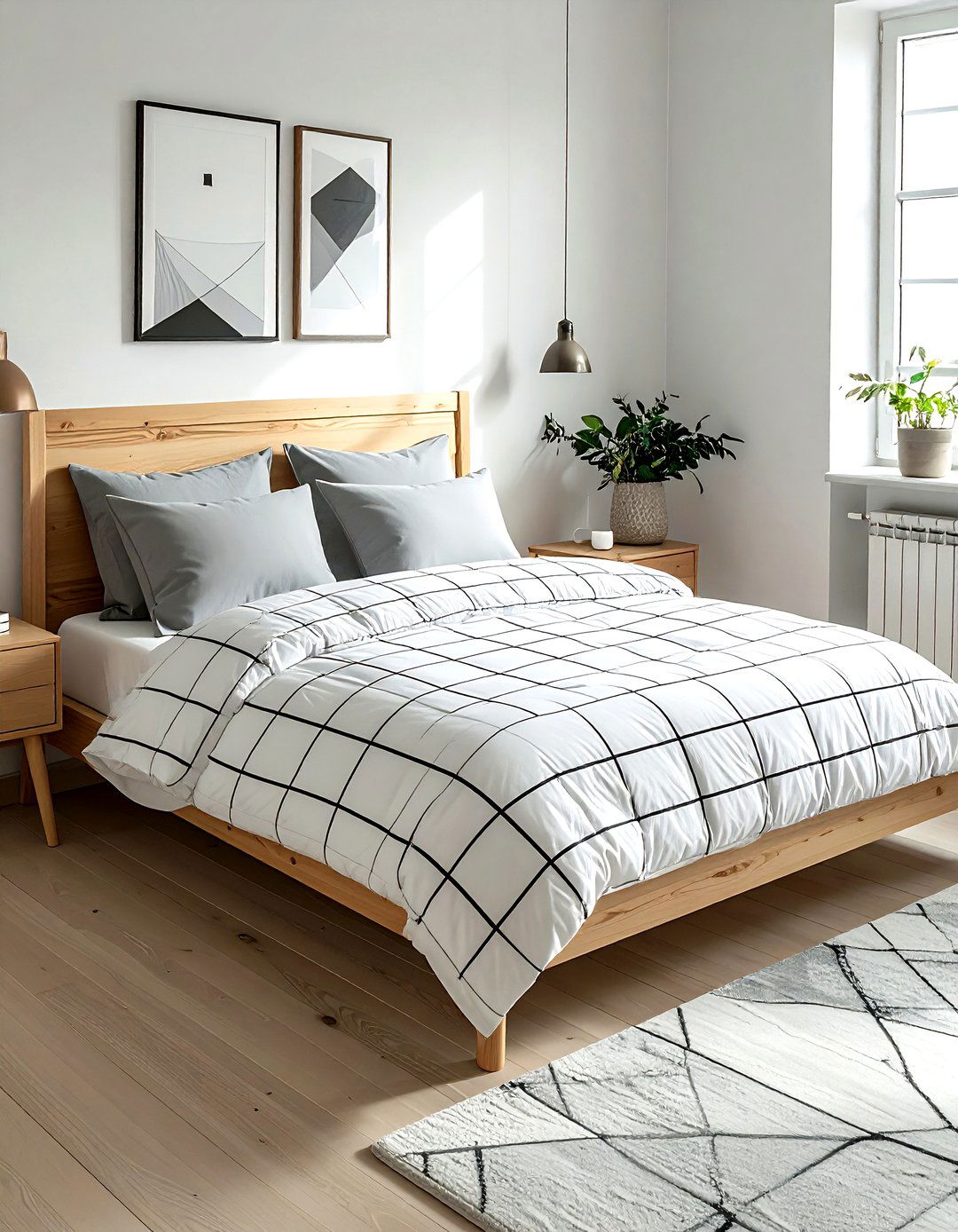 Scandi style geometric bedding - 30 geometric pattern decor ideas
