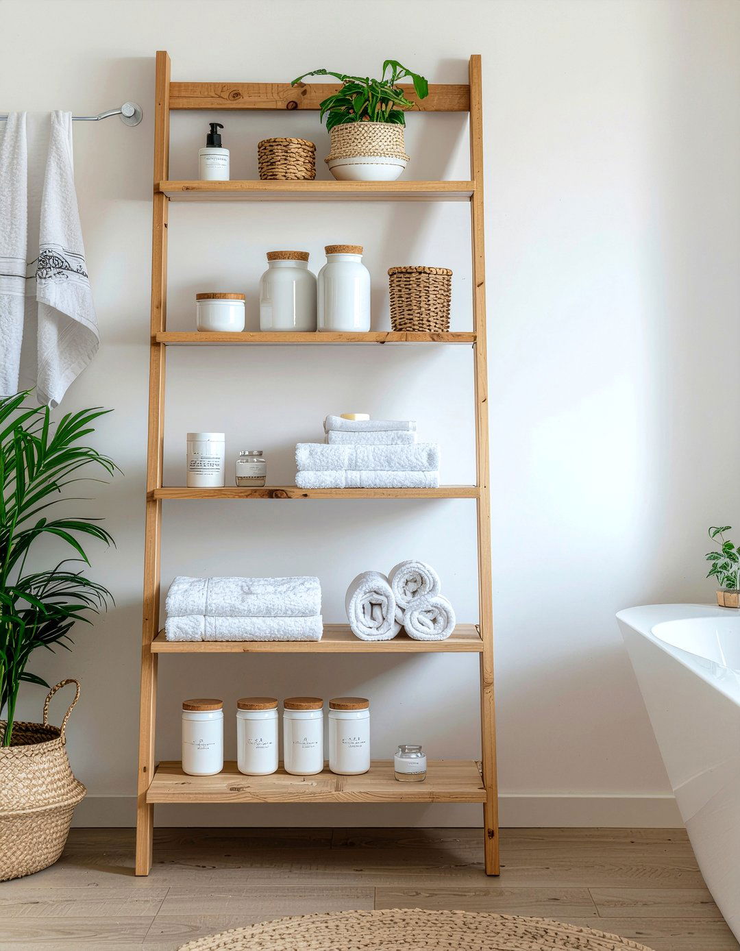Scandi style ladder shelf - 30 bathroom ladder shelf ideas