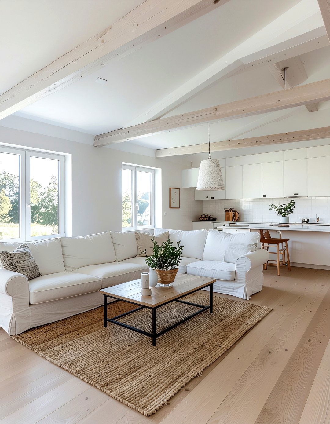 Scandi style light wood beams - 30 exposed beam living room ideas