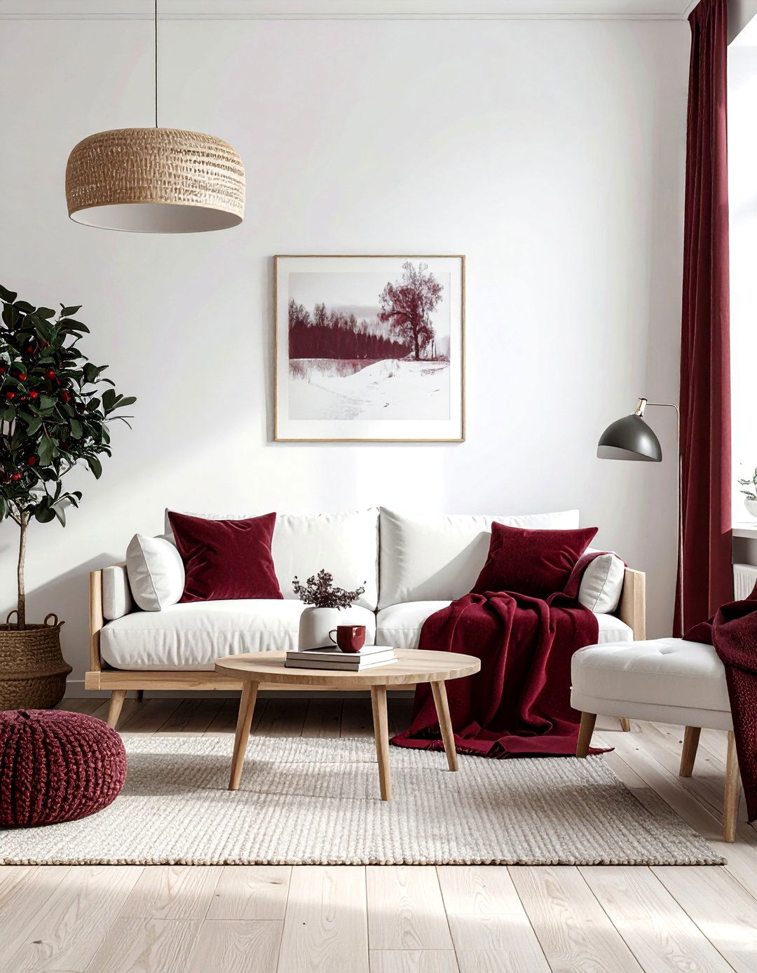 Scandinavian living room burgundy accents - 30 burgundy and white living room ideas