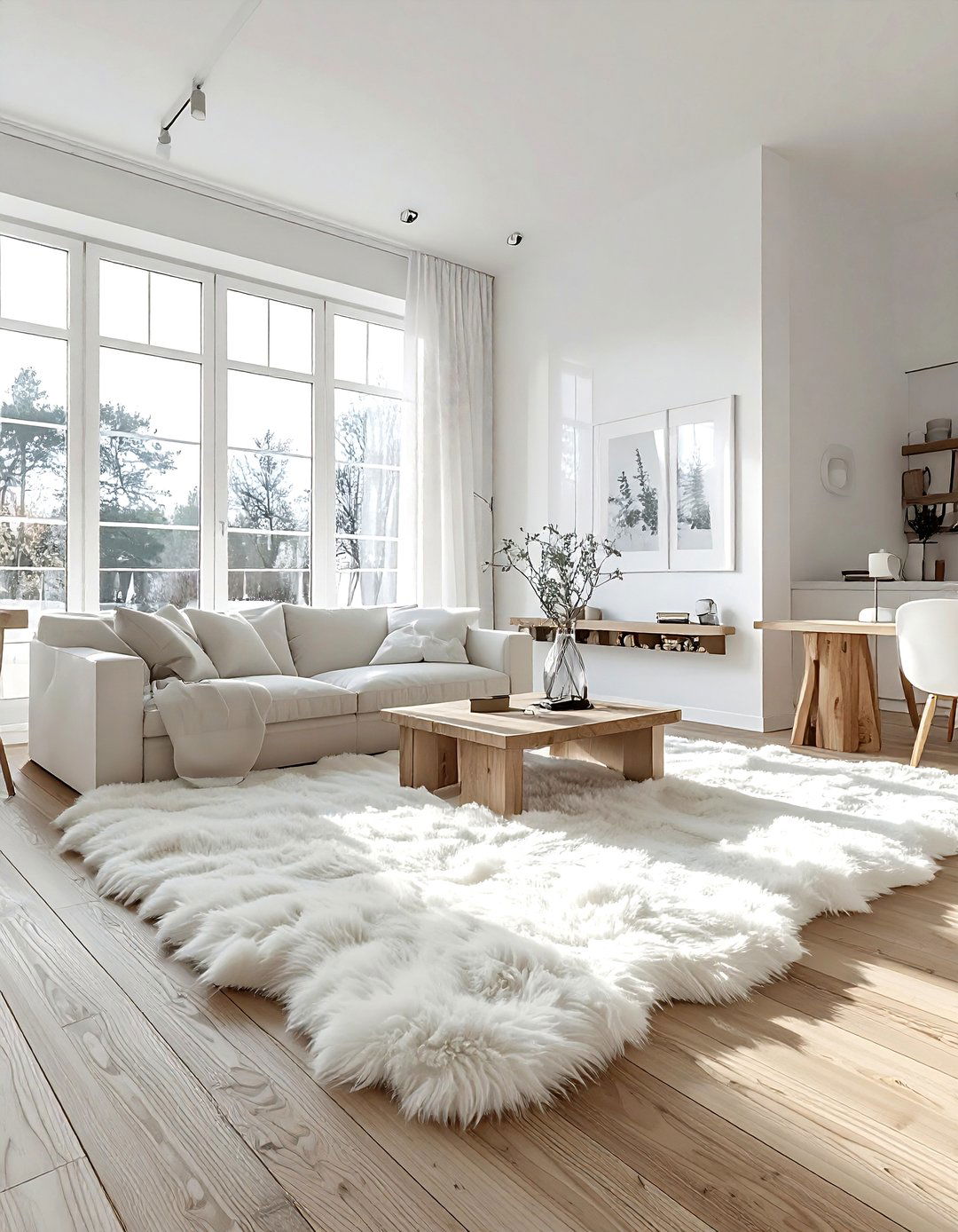 Scandinavian living room with sheepskin rug - 30 sheepskin rug ideas