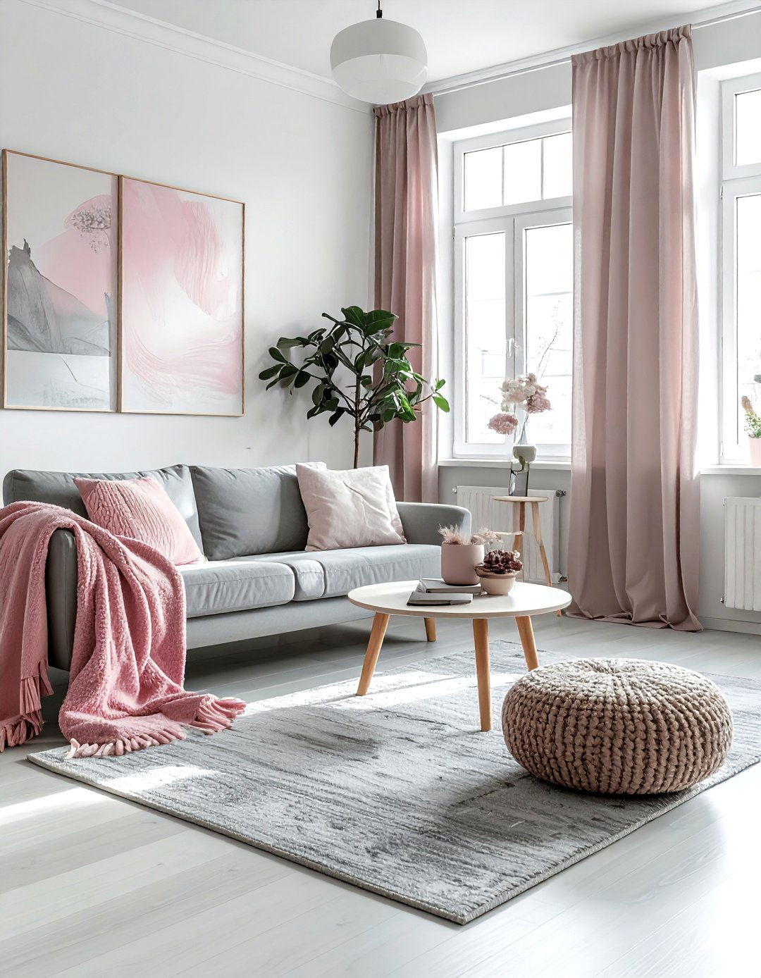Scandinavian pink and gray living room - 30 pink gray living room ideas